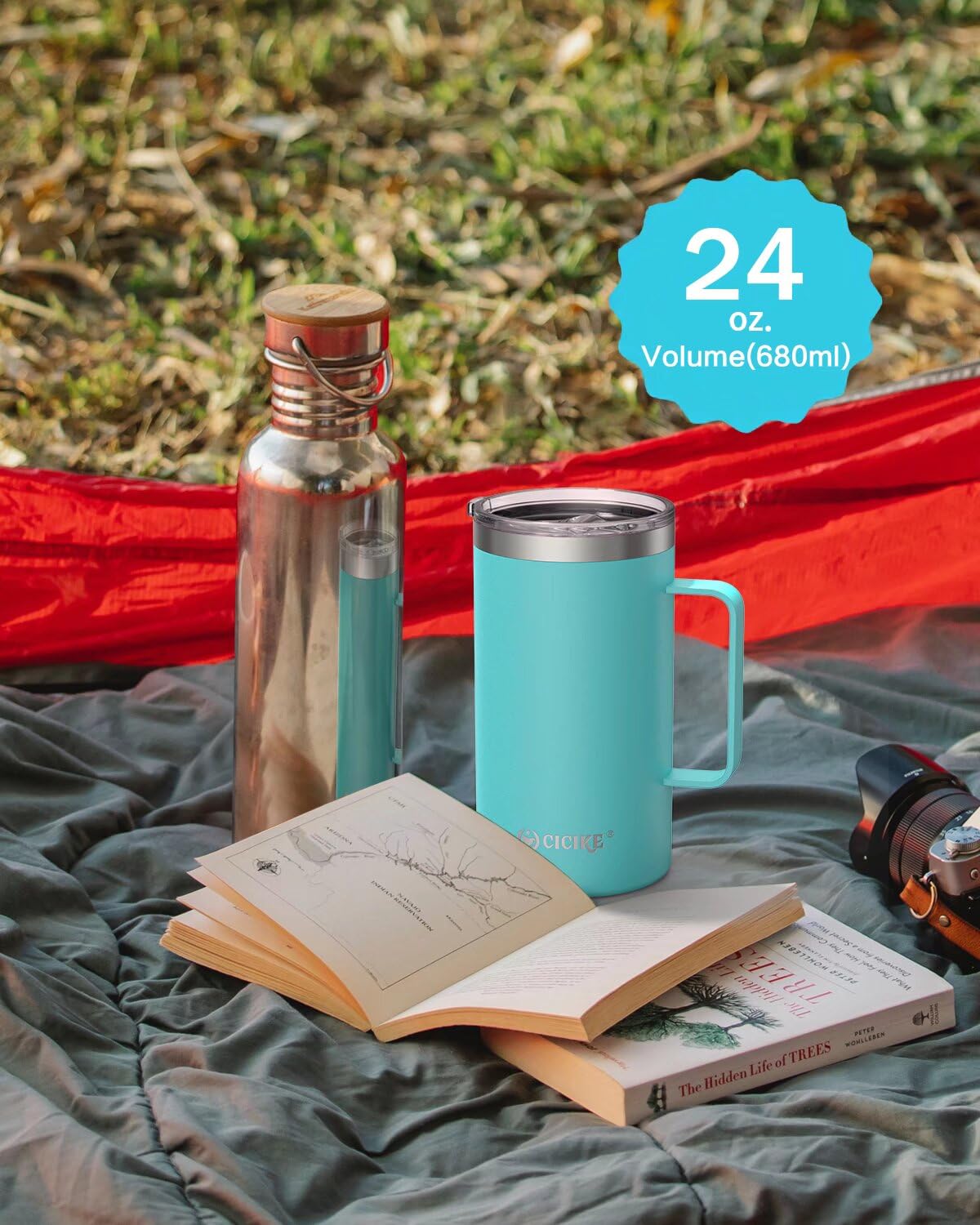 Cicike 24 Ounces Travel Mug With Handle And Lid, Insulated Coffee Mug, Stainless Steel Coffee Mug, Camping Gift For Men And Wome