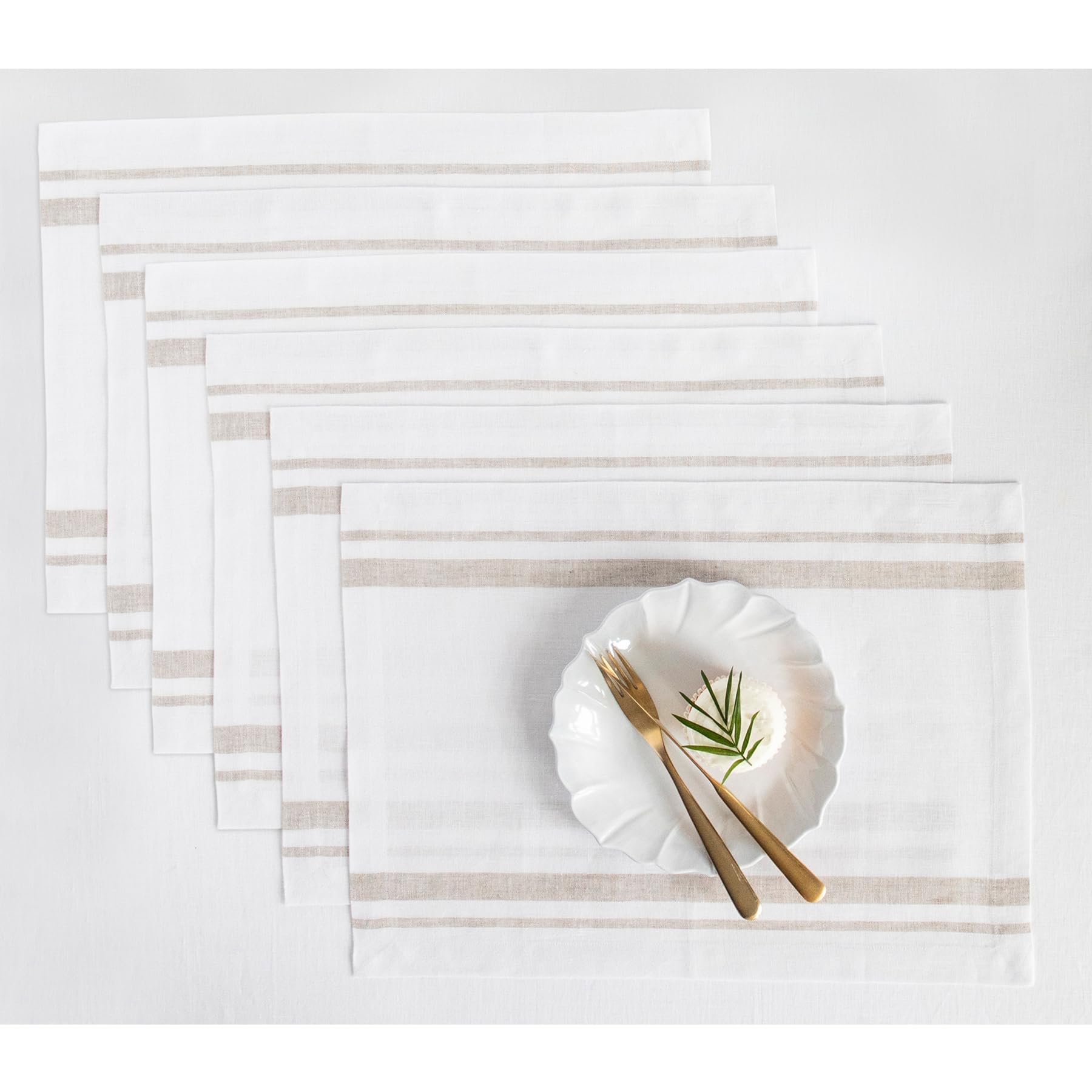 Solino Home Stripe Linen Placemats 19'' L X 14'' W - 100% Pure Linen Natural And White Cloth Placemats Set Of 6 - French Stripe,