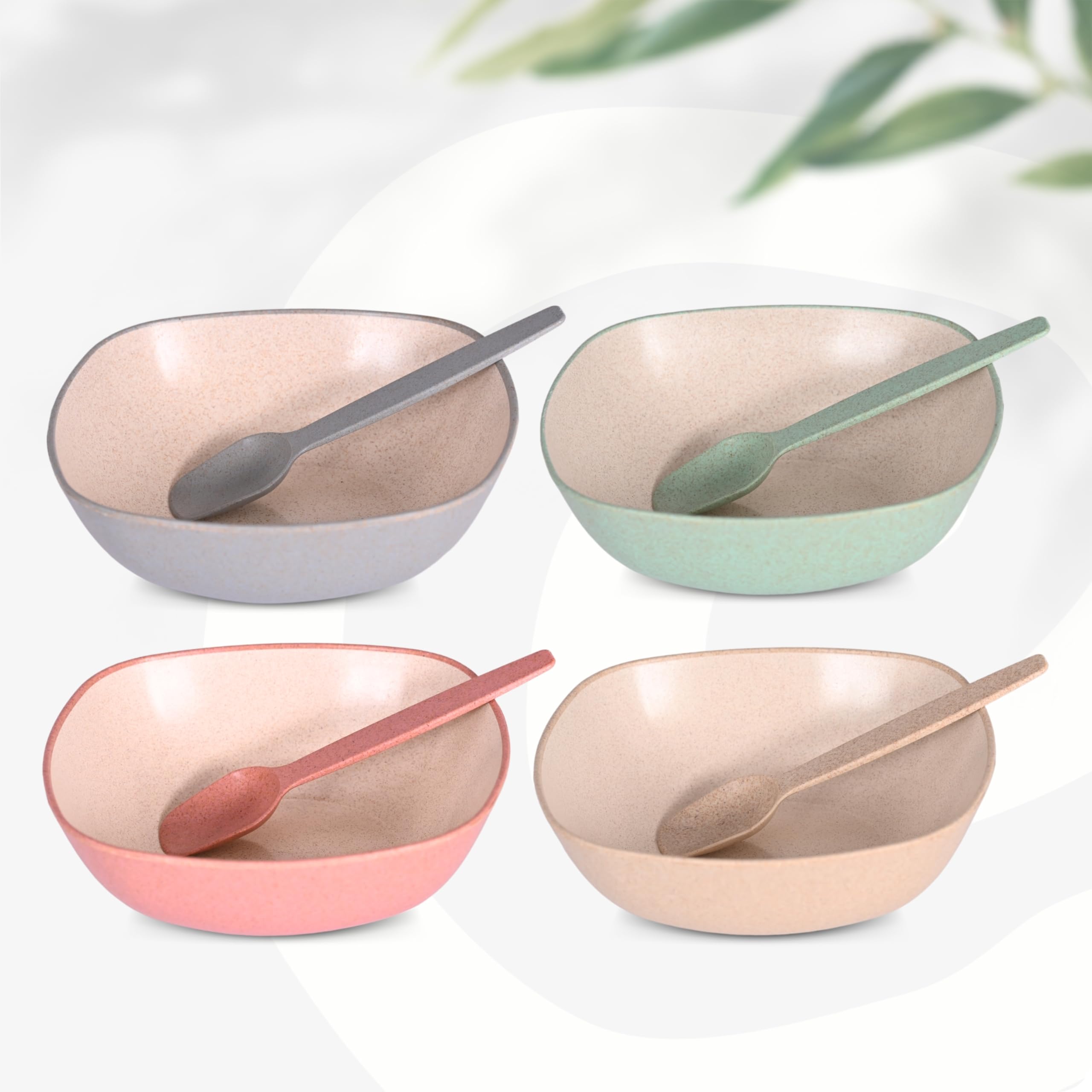 Eha Set Of 4 Earth-Friendly Multipurpose Bowls For Kitchen With Spoons | 750 Ml | Made With Rice Husk Biocomposite| Microwave Sa