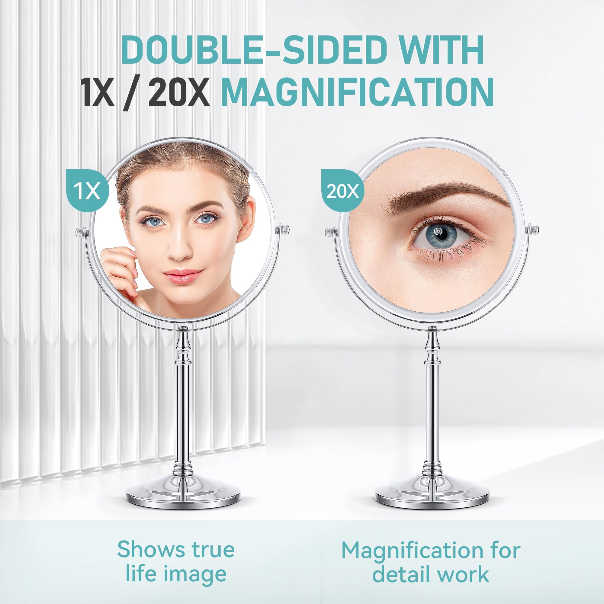 MIYADIVA 20x Magnifying Mirror - Double-Sided, 8.6" Metal Vanity Mirror with 360° Rotation for Bathroom or Bedroom