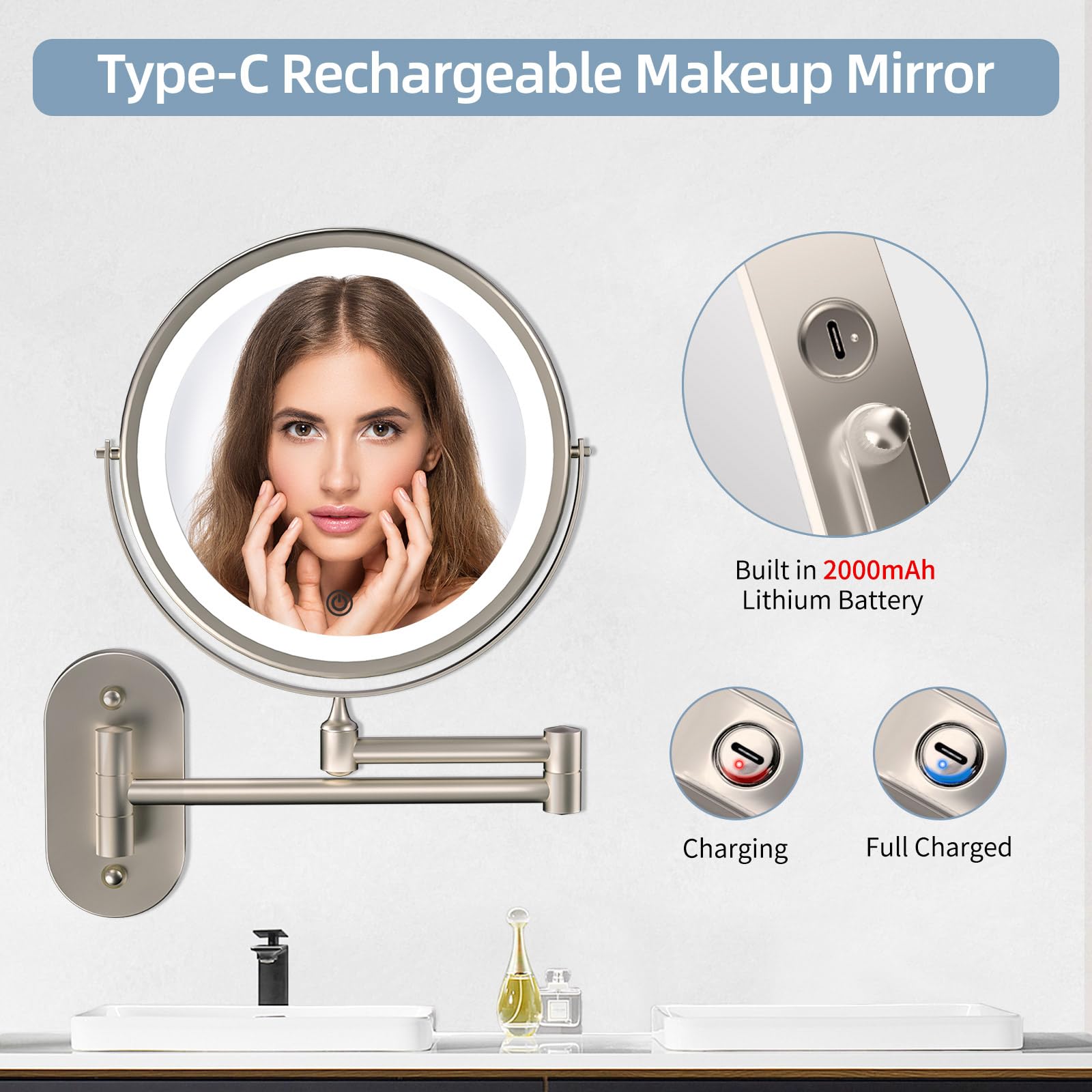 Rechargeable Wall Mounted Lighted Makeup Vanity Mirror 8 Inch 1X/10X Magnifying Mirror With 3 Color Lights, Double Sided Bathroo
