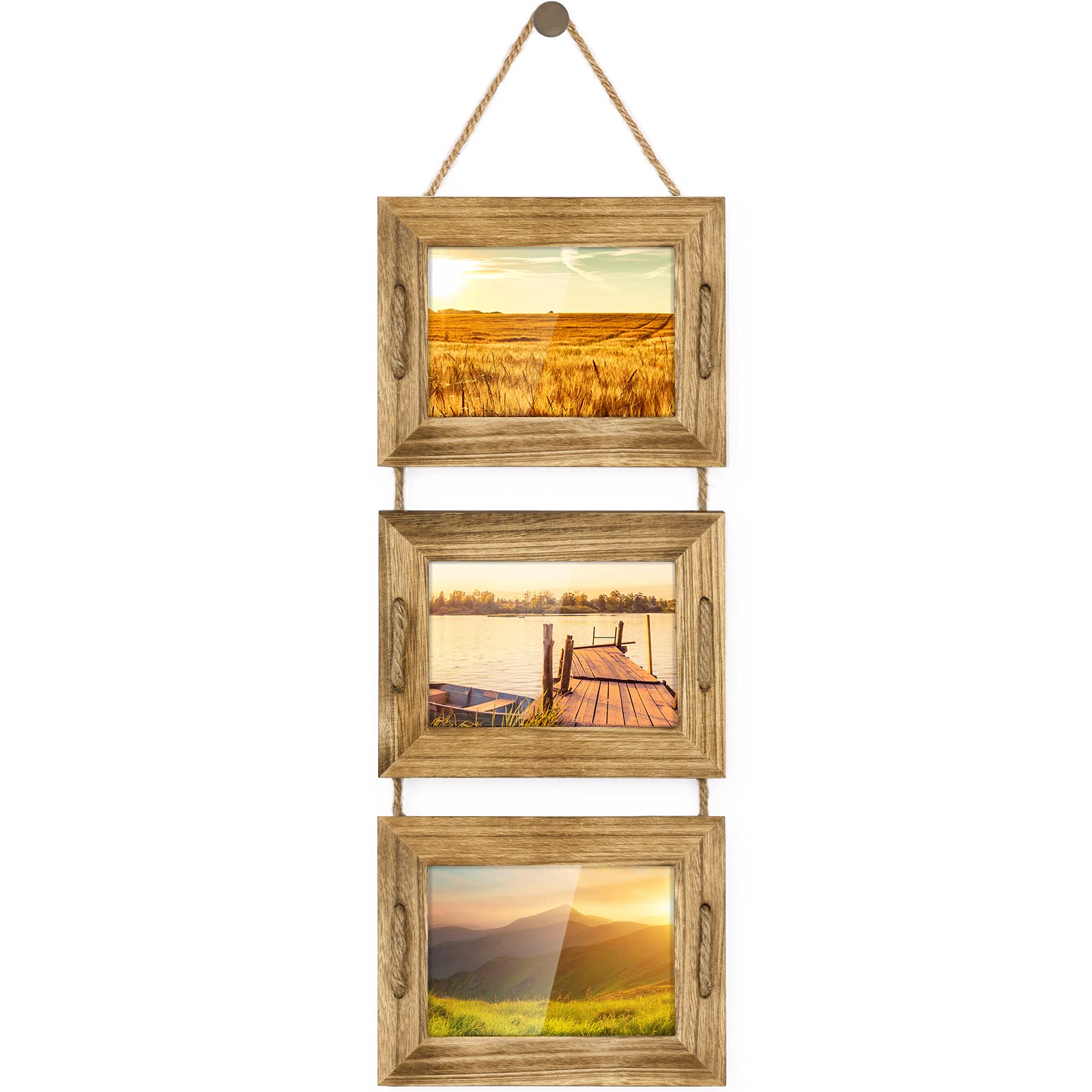 DLQuarts 5x7 Hanging Picture Frames Collage Wall Decor, 3-Opening Photo Frames 5x7 without Mat & 3.5x5 with Mat, Rustic Wood, Ca