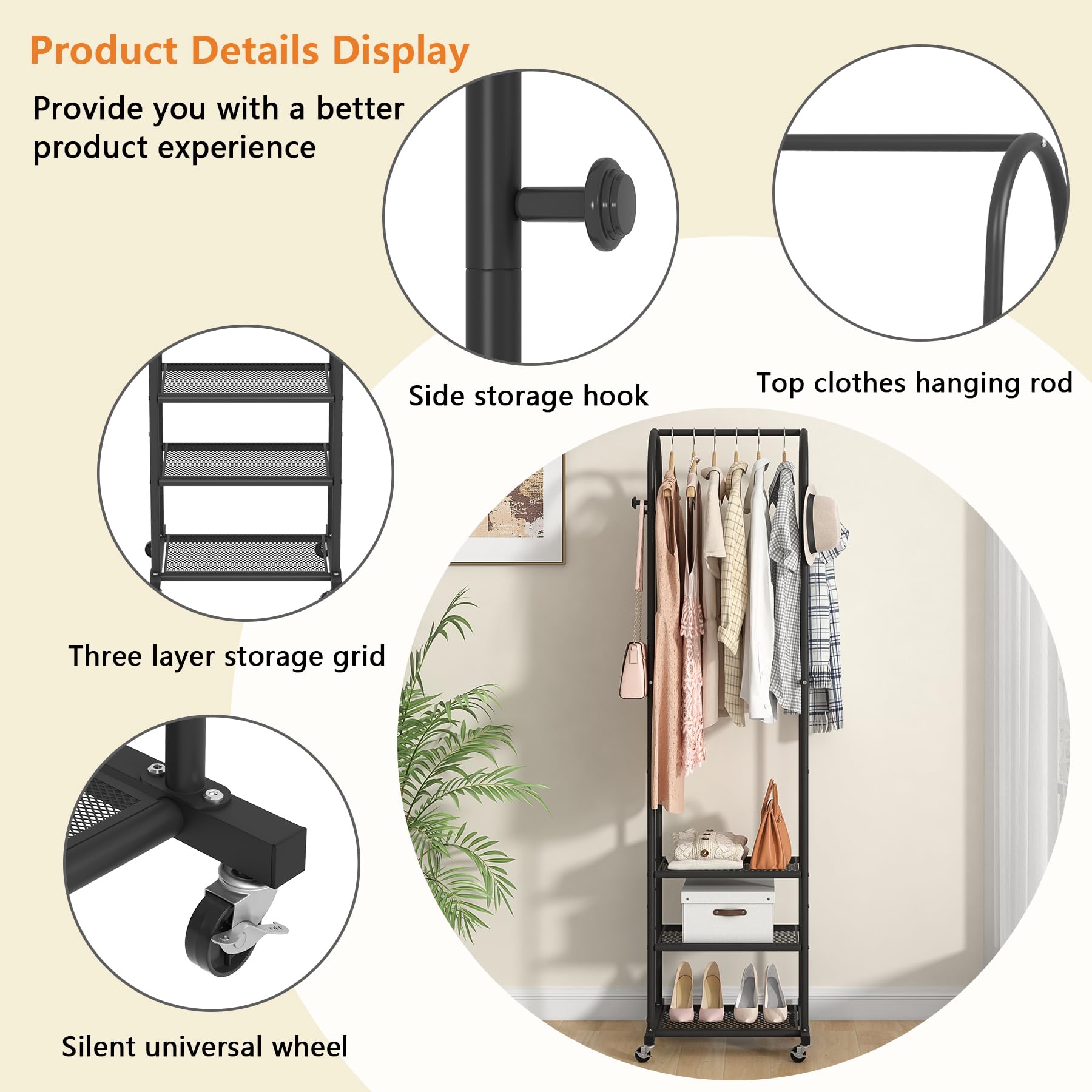 Kaitiemoo Heavy Duty Clothing Rack With Wheels,Modern Garment Rack With 3 Metal Shelves, 71.8Inches Display Rack For Hanging Clo