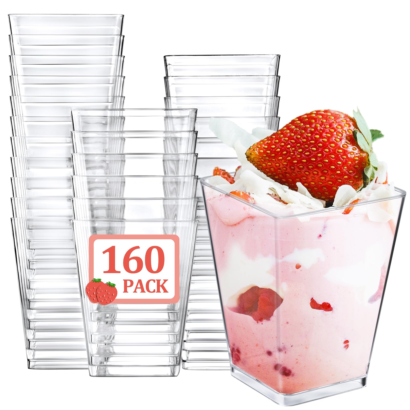 Eupako 160 Pack 5 Oz Plastic Mini Dessert Cups - Clear Small Parfait Cups, Square Appetizer Cups For Fruit, Pudding, Mousse, Ice