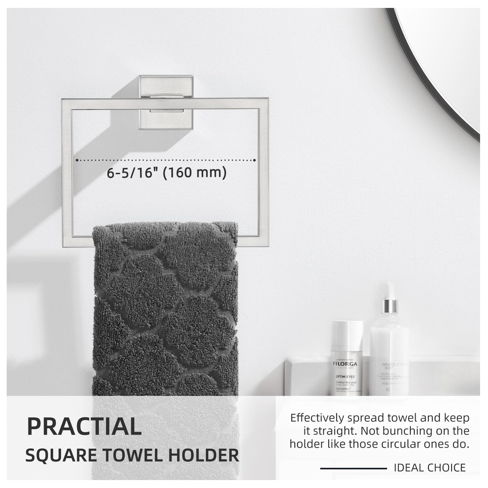 Hand Towel Holder Brushed Nickel  Angle Simple SUS304 Stainless Steel Bathroom Towel Ring  Square Towel Hanger Wall Mount  7.09-Inch