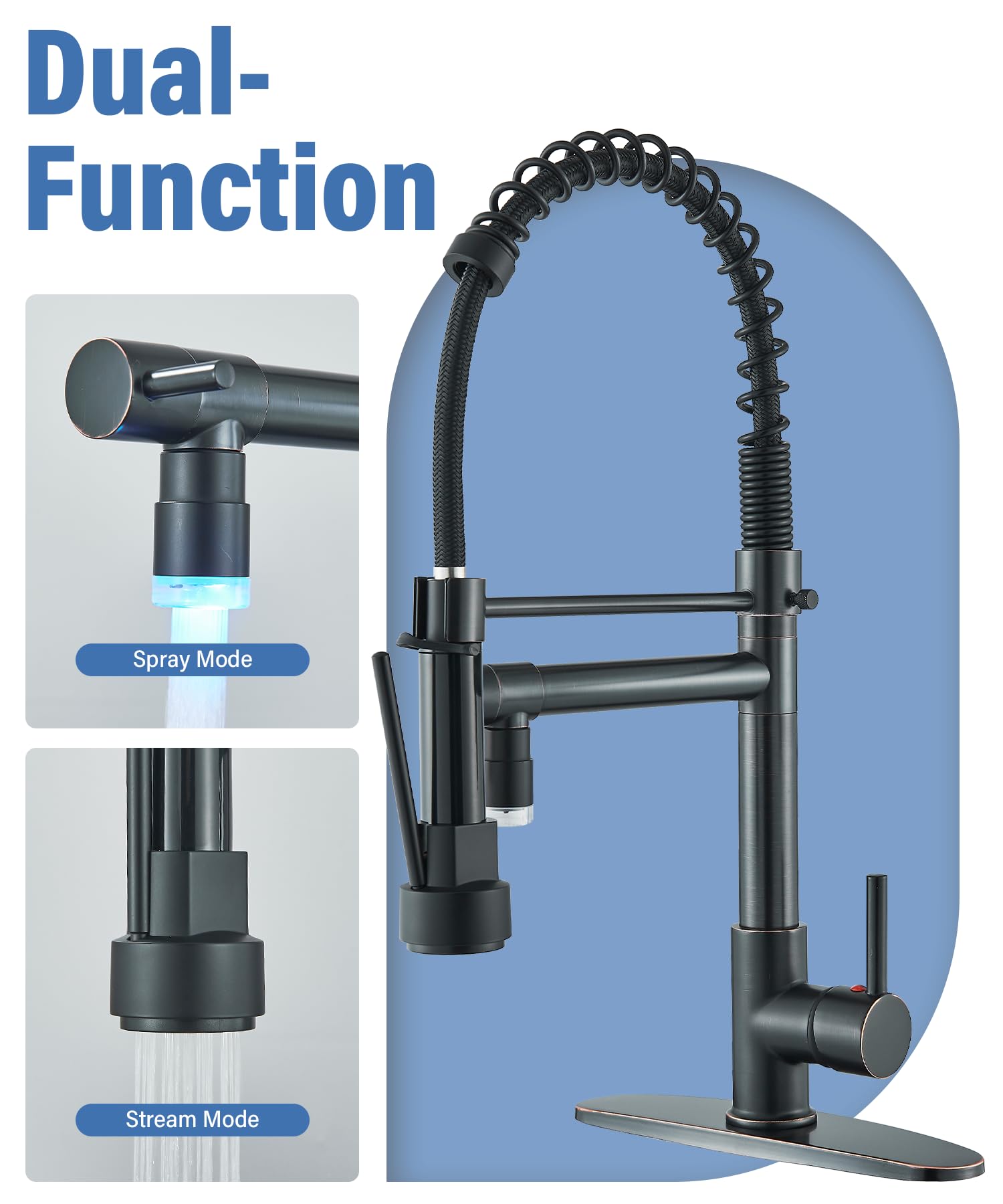 NeierThodore Commercial Pull Down Kitchen Faucet Sprayer with LED Single Handle Spring Kitchen Sink Faucet with Lock Sprayer High Arc Oil Rubbed Bronze Kitchen Faucets