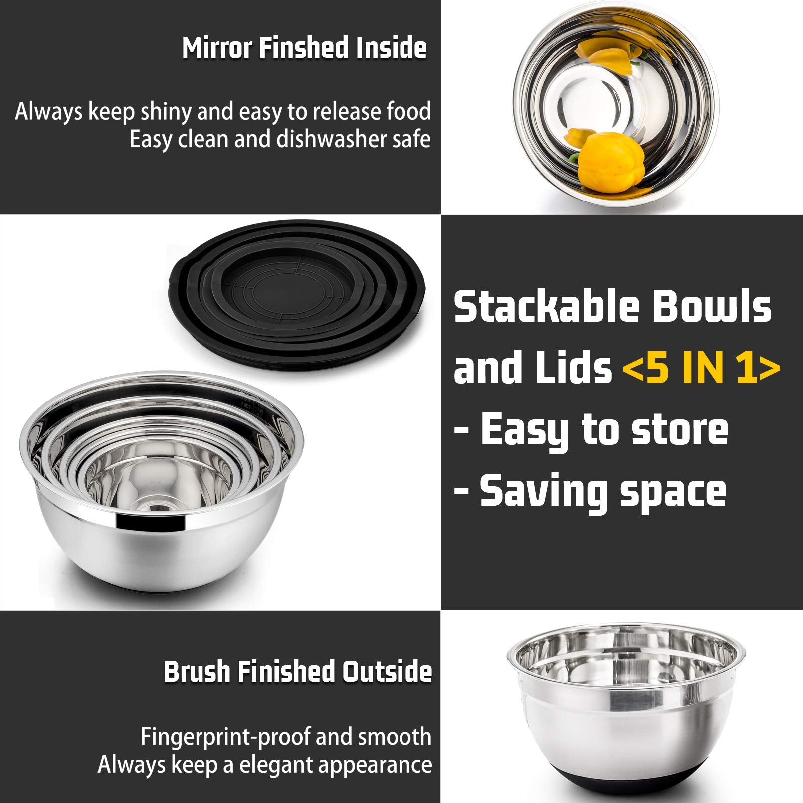 P&P Chef Black Mixing Bowls With Lids Set Of 5 Stainless Steel Black Nesting Bowl With Plastic Lid, Non-Slip Silicone Base & 5 S