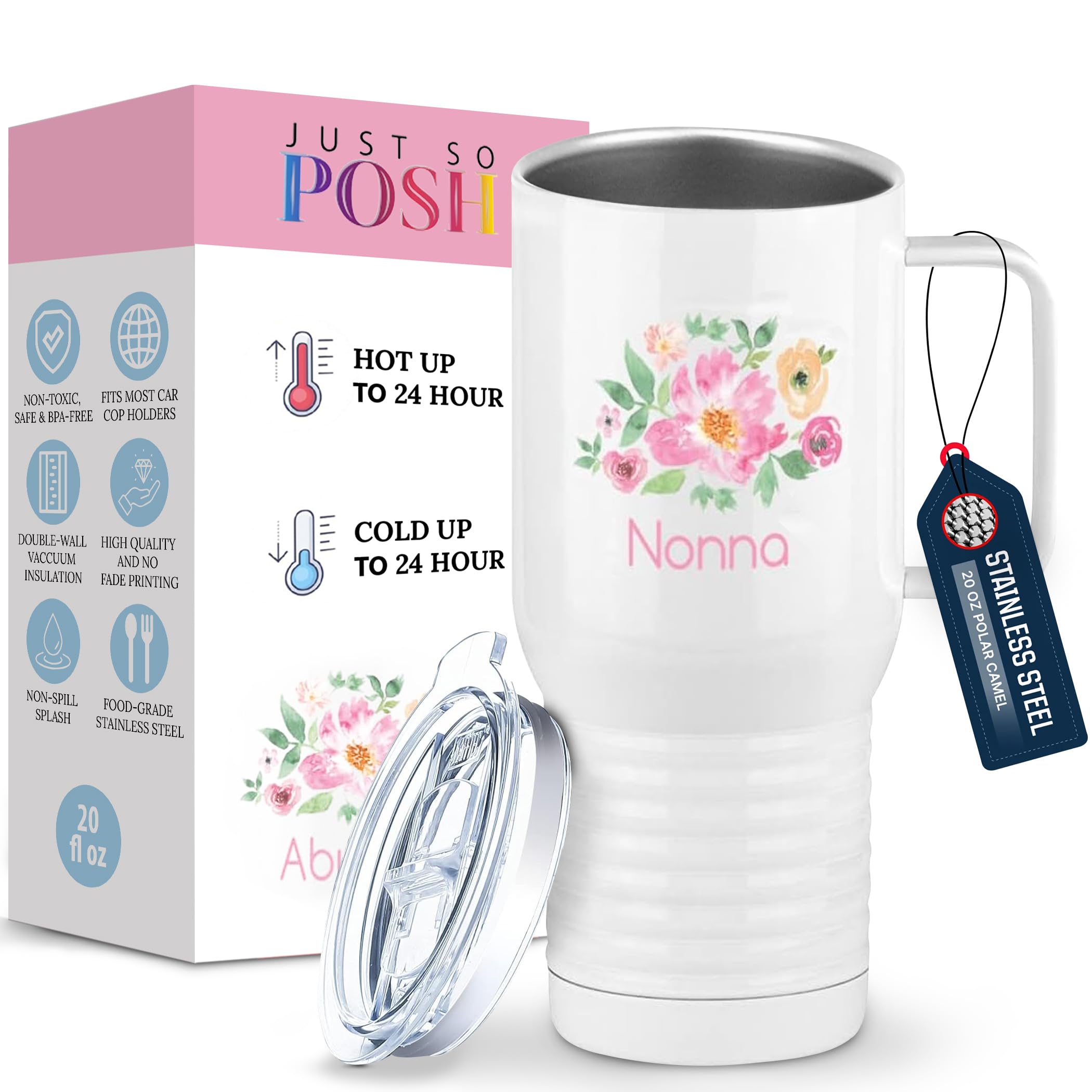 Just So Posh Nonna Flowers Tumbler, 20 oz Travel Coffee Mug with Handle & Straw Lid, Stainless Steel Insulated Coffee Tumbler, G