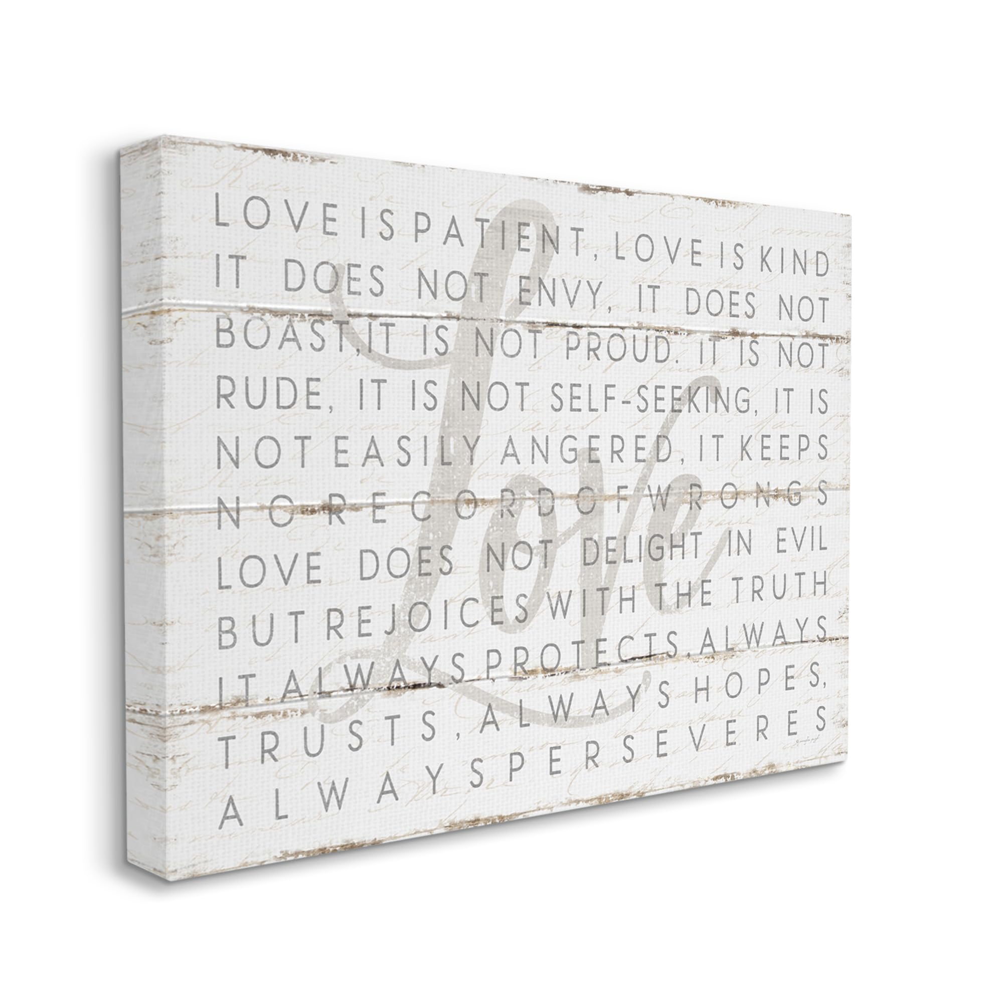 Stupell Industries Love Is Patient Grey On White Planked Look Canvas Wall Art Design By Jennifer Pugh
