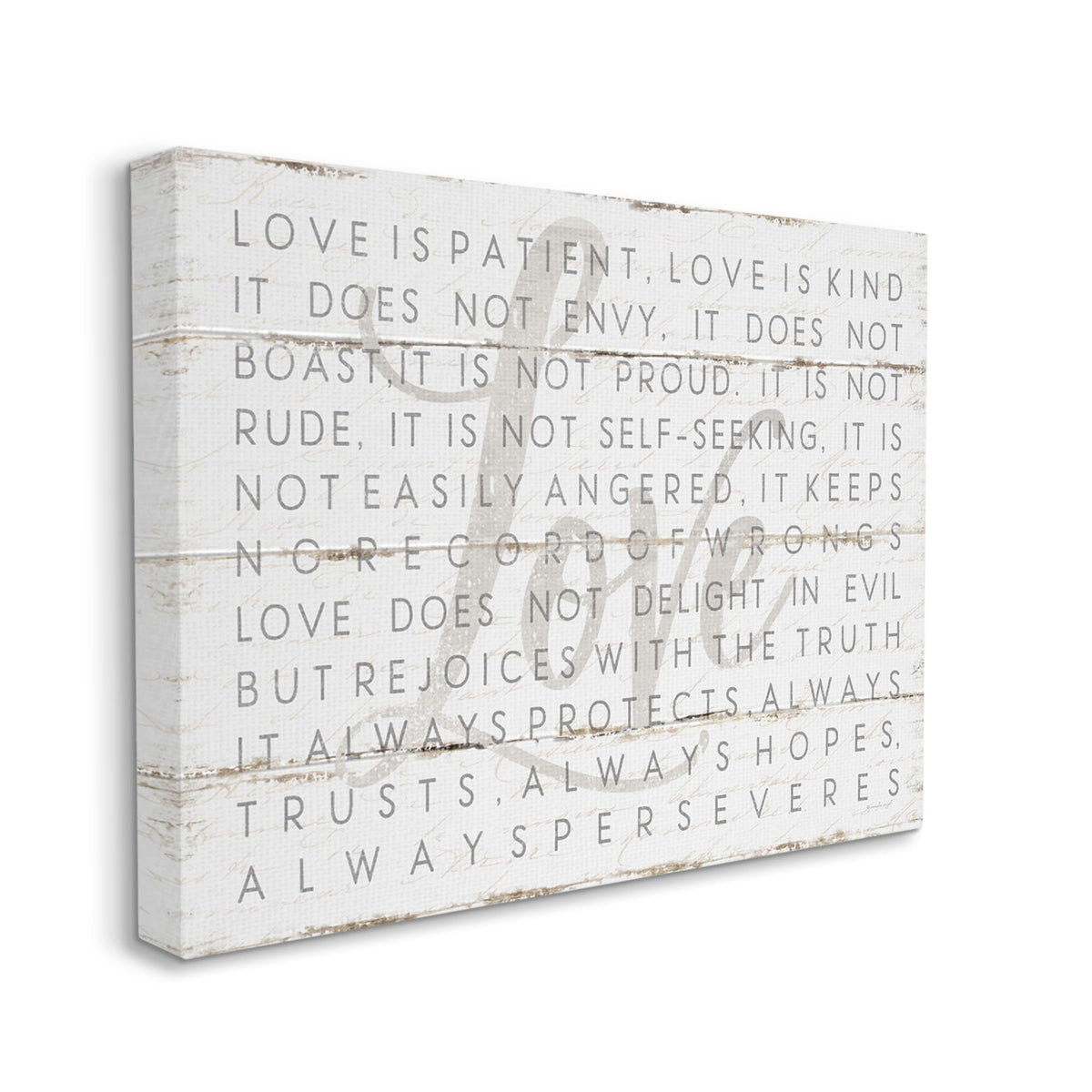 Stupell Industries Love Is Patient Grey On White Planked Look Canvas Wall Art Design By Jennifer Pugh