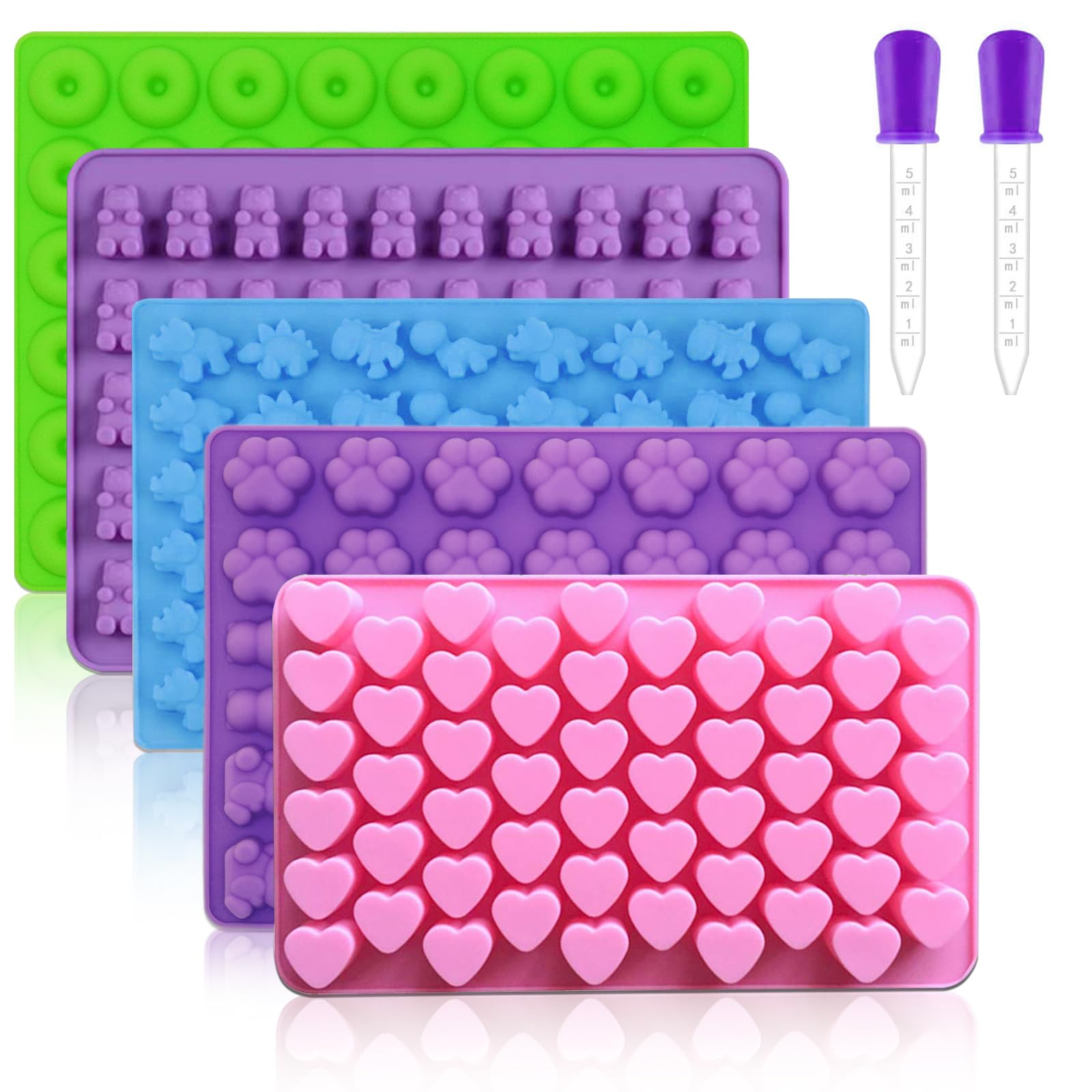 Pharamat Silicone Gummy Molds Set Of 5, Candy Molds With 2 Droppers For Convenient Filling, Silicone Gummy Molds Set Includes Di