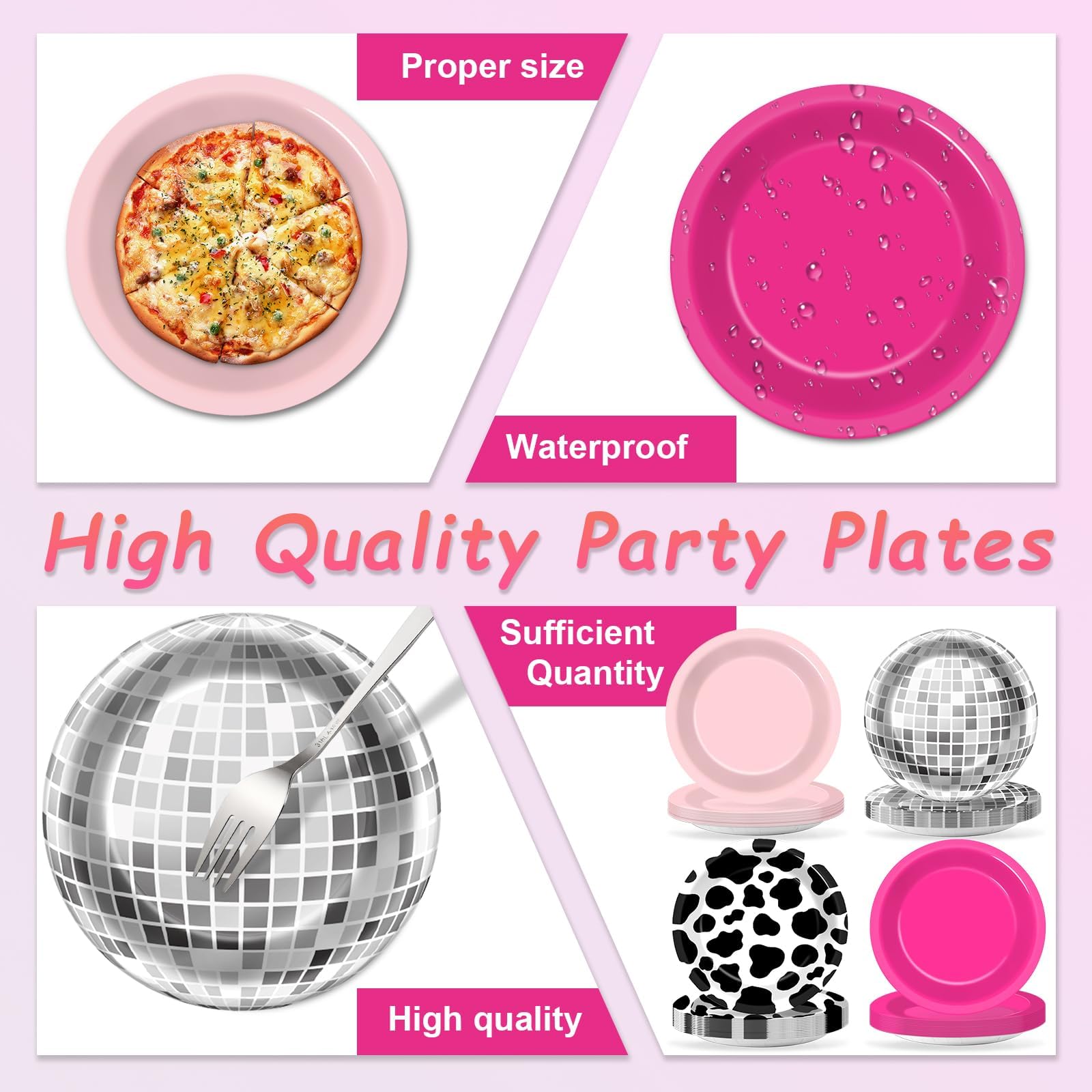 48Pcs Western Cowgirl Party Paper Plates For Cow Print Themed Party Supplies 7'' Hot Pink Disco Ball Disposable Dessert Plates F