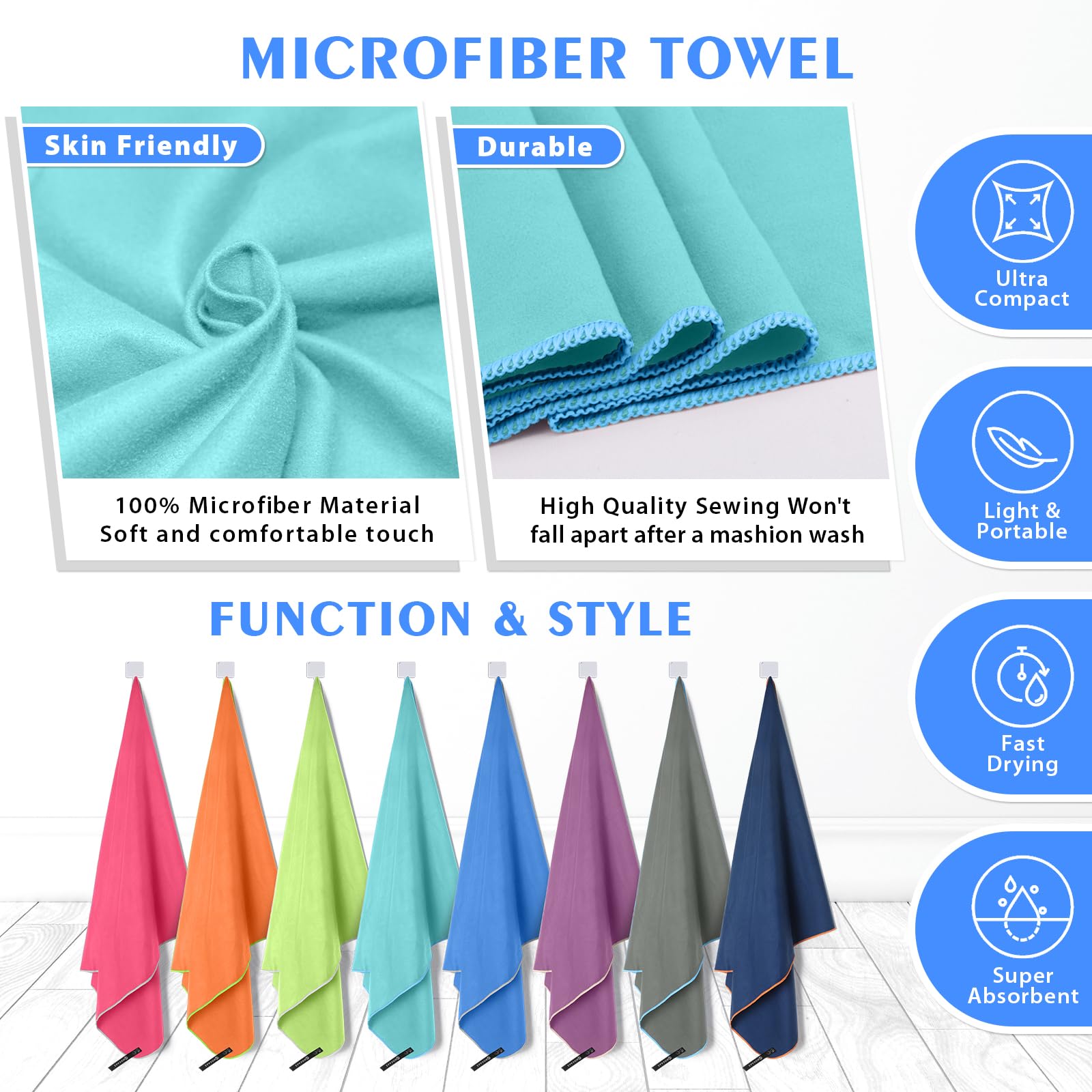 Hoeaas 2 Pack Microfiber Travel Towel, Quick Dry Towel Gym Towels Beach Towel Super Absorbent Compact Lightweight Camping Towel