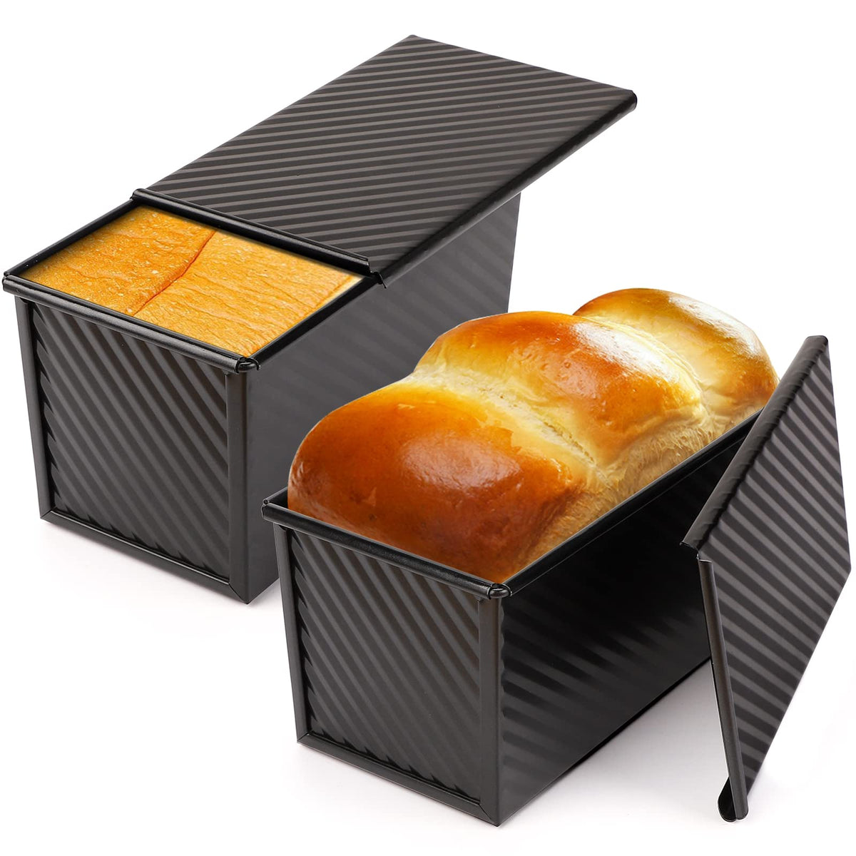 Beasea Pullman Loaf Pan With Lid, 2 Pack Non-Stick Black Bread Loaf Pans For Homemade Bread 1 Lb Carbon Steel Bread Toast Box Wi