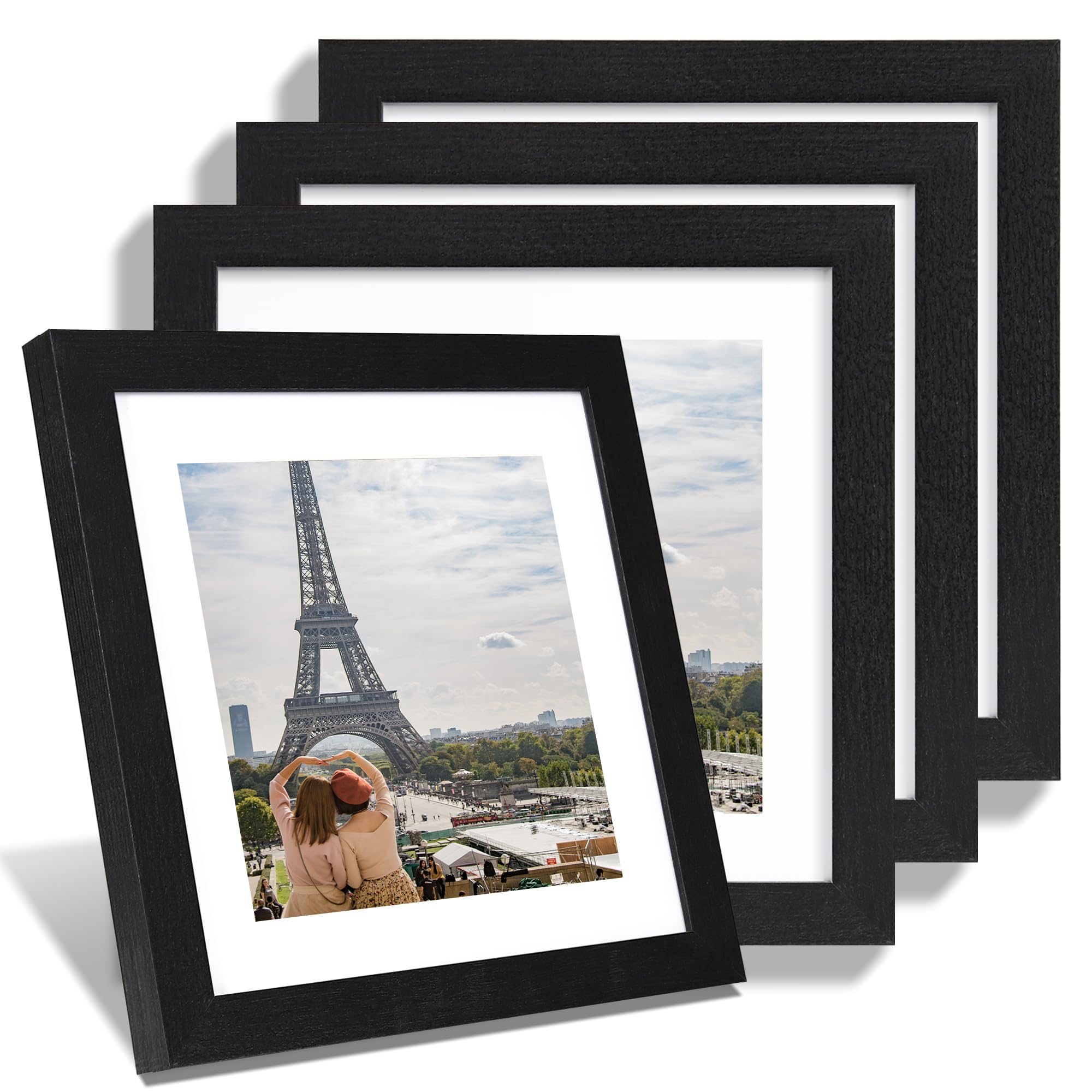 Hongkee 10x10 Picture Frame Set of 4, Made of Glass and Rustic Black Wooden Frame - Display Picture 8x8 with Mat or 10 x 10 With