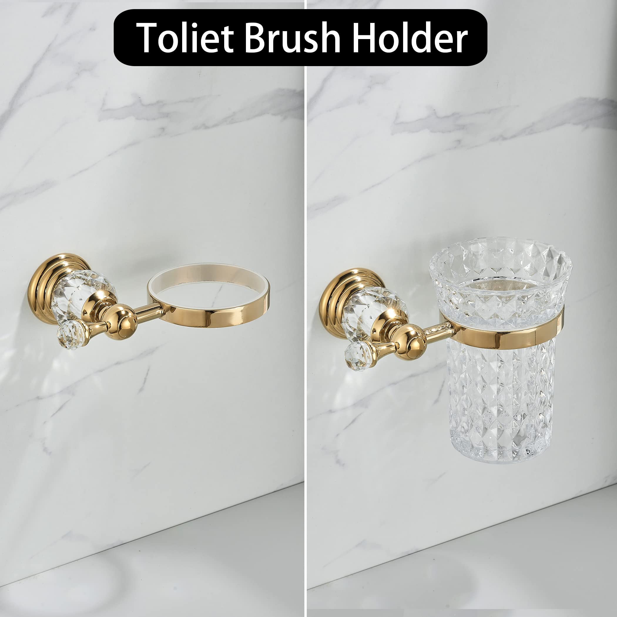 WOLIBEER Crystal Toilet Brush Holder  Polished Gold Brush Handle with Replaceable Brush Head  Stainless Steel Bathroom Cleaning Set Wall Mounted