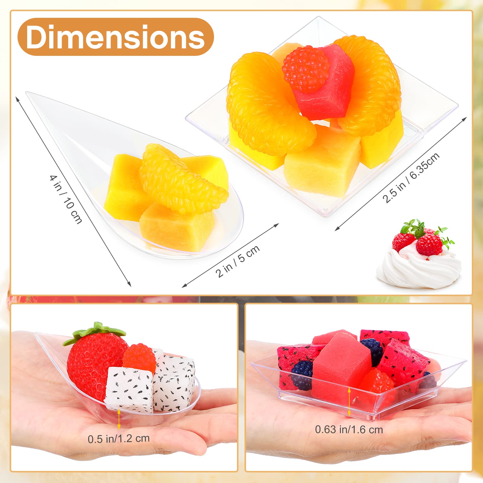 Rozer Mini Appetizer Plates And Tear Drop Spoons For Weddings Party 2.5 X 2.5 Inches 4 X 2 X 0.5 Inches Plastic Mini Dessert Pla