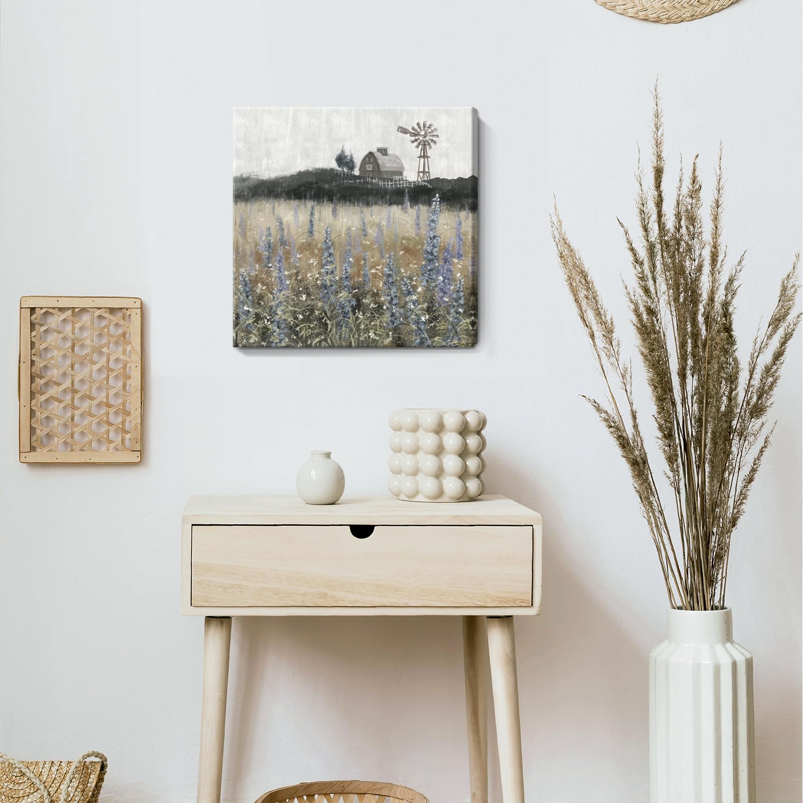 Bathroom Wall Art Vintage Farmhouse Canvas Print Retro Countryside Flower Field Nature Meadow Landscape Rustic Windmill Barn Pic