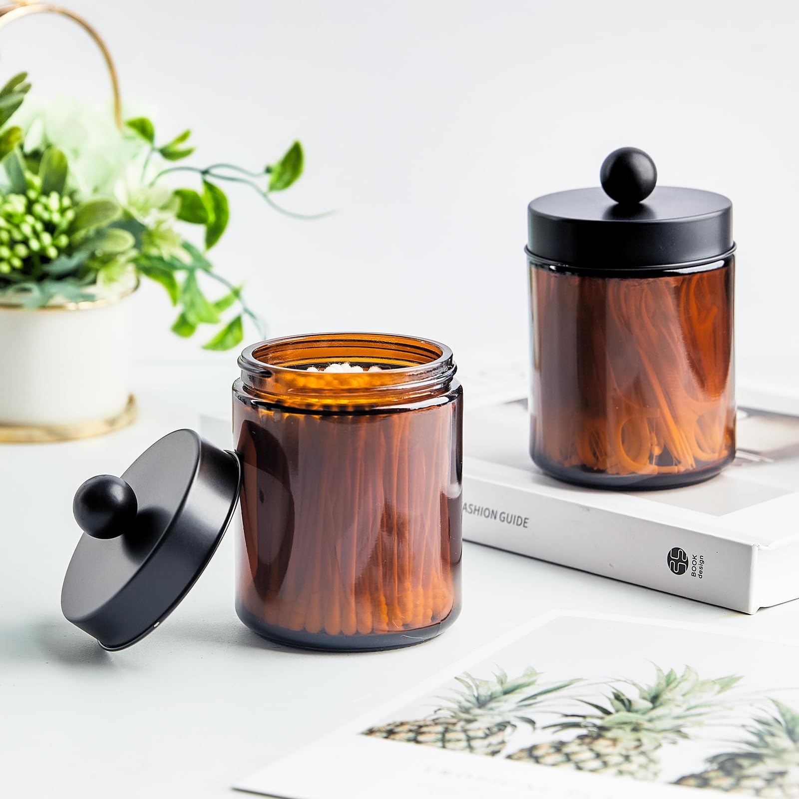 2 Pack Glass Apothecary Jars With Lids And Labels - Bathroom Counter Storage Jars, Qtip Holders Vanity Countertop Canisters (Amb