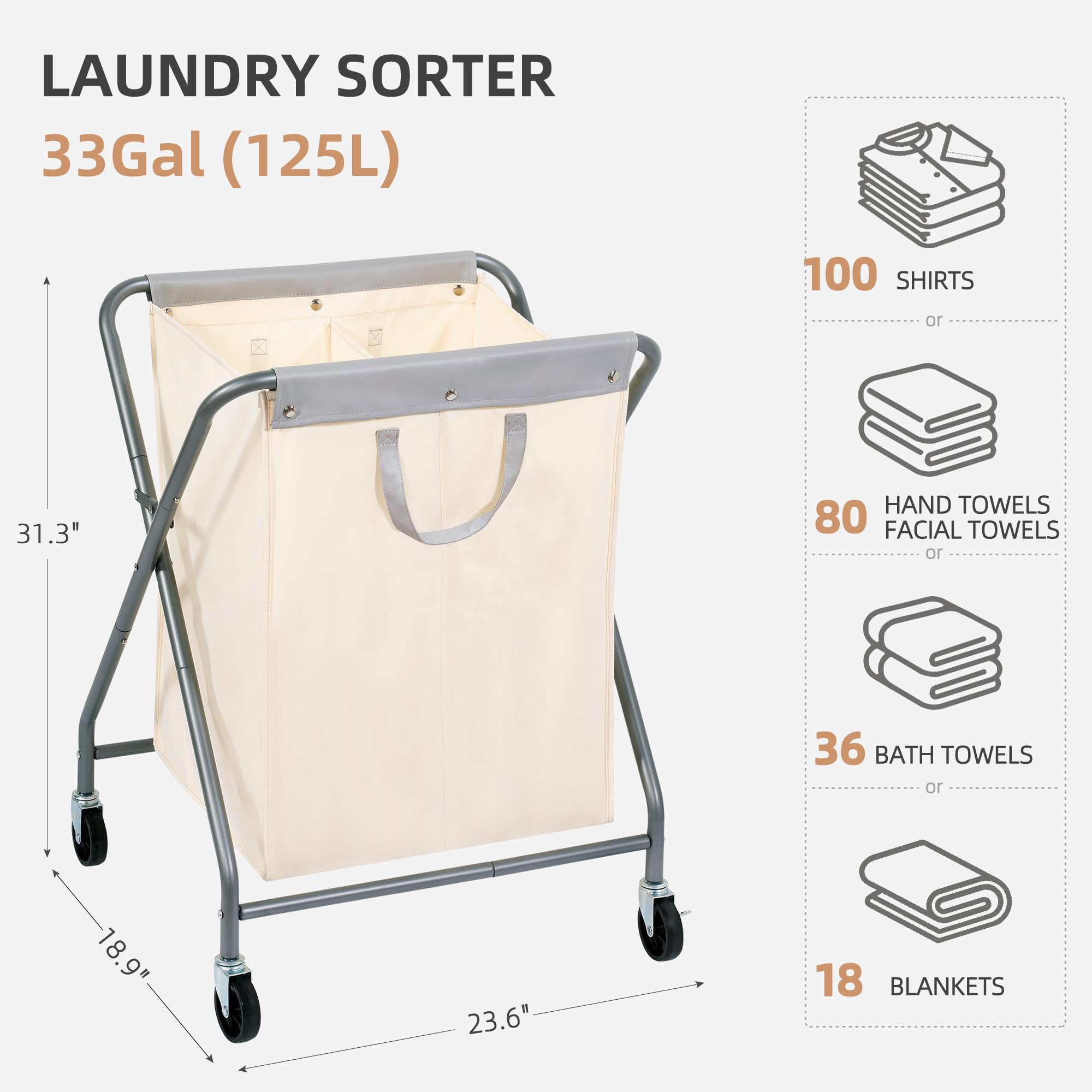 Storage Maniac 125L Laundry Hamper With Wheels, Rolling Laundry Basket, Heavy Duty Laundry Sorter With Removable Bag, Folding X