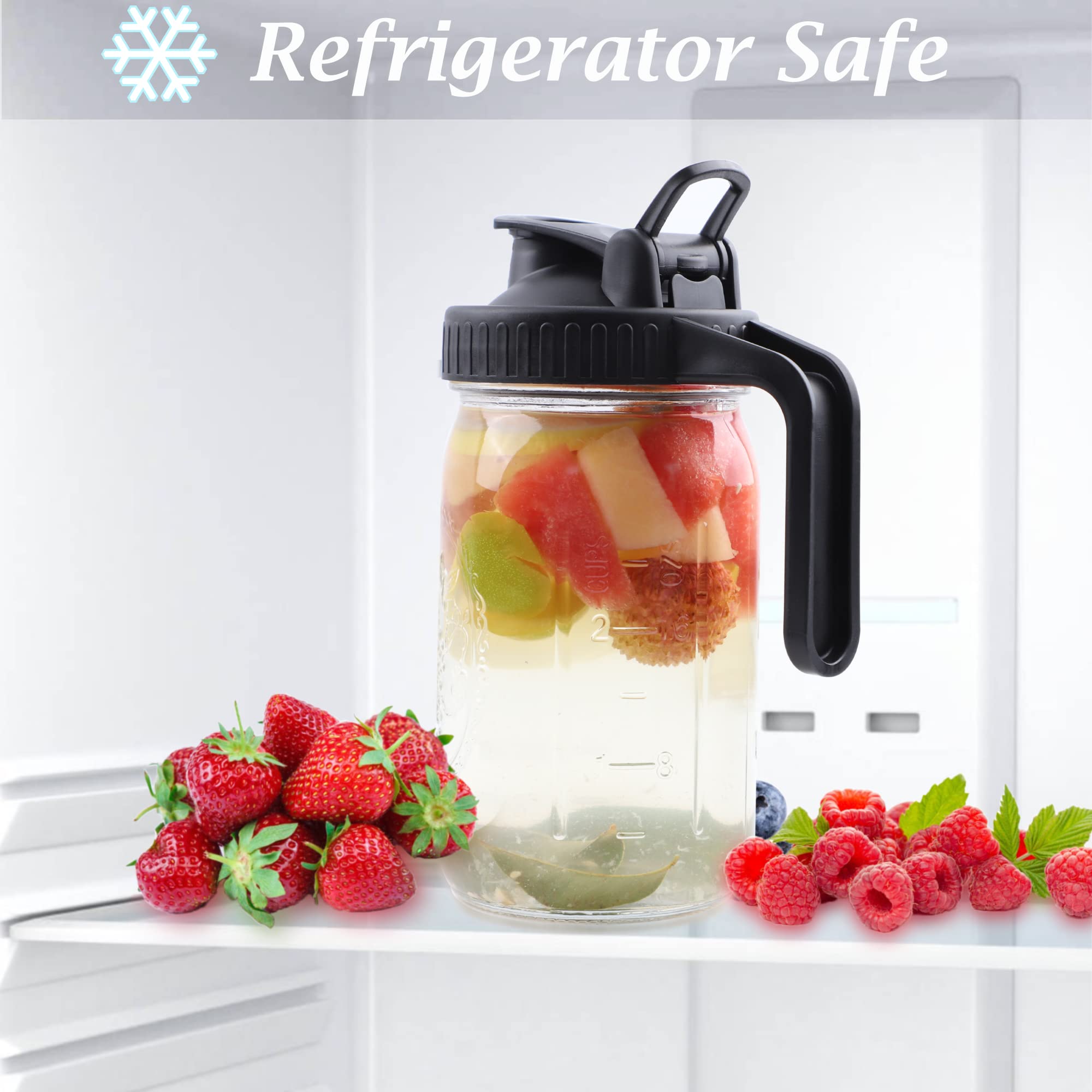 Wide Mouth Mason Jar Pitcher 32 Oz With Pour Spout And Handle Airtight Leak-Proof Glass Pitcher With Flip Lids For Iced Tea, Mil