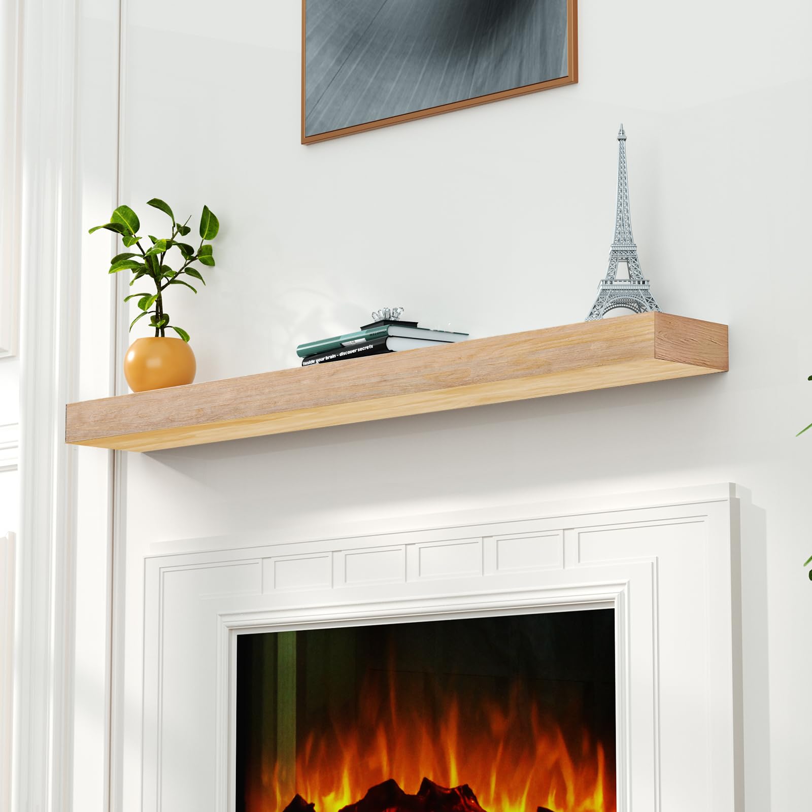 Roomtec Fireplace Mantel,60'' Wood Floating Fireplace Shelves,Wall Mounted Wooden Display Shelving,Handcrafted Wood Brack,Natura