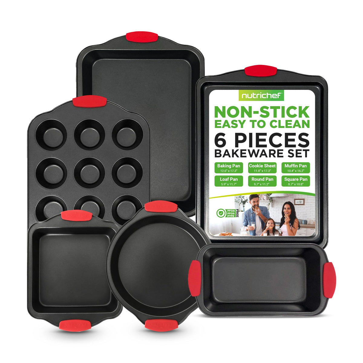 Nutrichef 6-Piece Nonstick Bakeware Set - Carbon Steel Baking Tray Set W/ Heatsafe Red Silicone Handles, Oven Safe Up To 450F, L