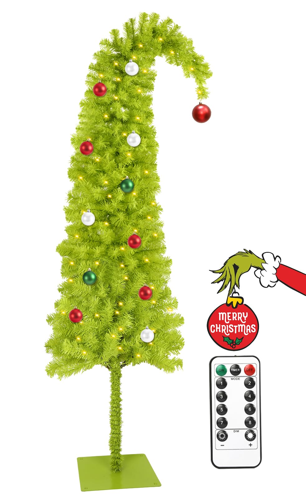 HMASYO 6ft Whimsical Artificial Christmas Tree with 150 LED Timer Lights, Lime Green Bendable Christmas Tree with Ball Ornaments