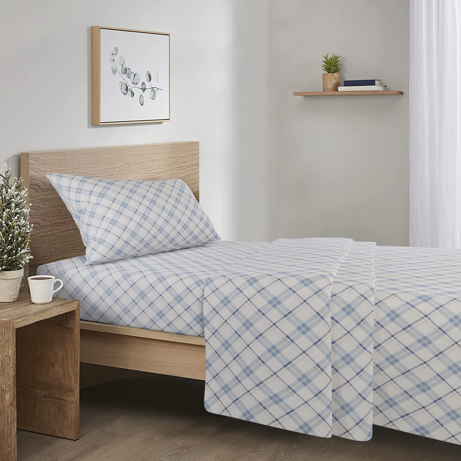 Comfort Spaces Cotton Flannel Breathable Warm Deep Pocket Sheets With Pillow Case Bedding, Twin, Plaid Blue, 3 Piece