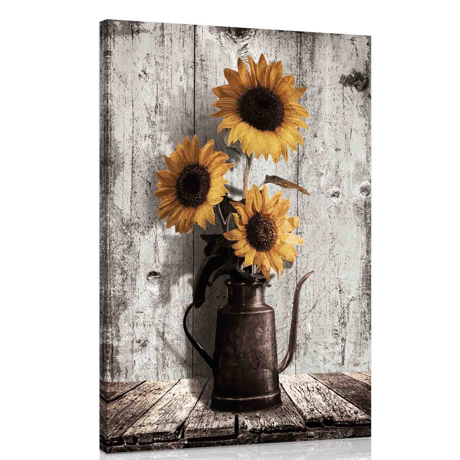 Rustic Sunflower Canvas Wall Art: Vintage Flower Picture Print Farmhouse Wall Decor - Floral Pot Decorative Poster Framed Artwor