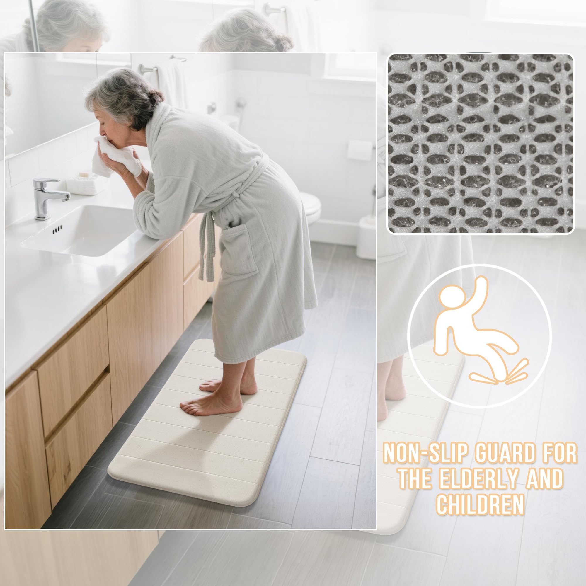 Yimobra 3 Pieces Memory Foam Bath Mat Sets  44.1x24 + 17x24 and U-Shaped for Bathroom Rugs  Toilet Mats  Non-Slip  Soft Comfortable  Water Absorption  Machine Washable  Cream White