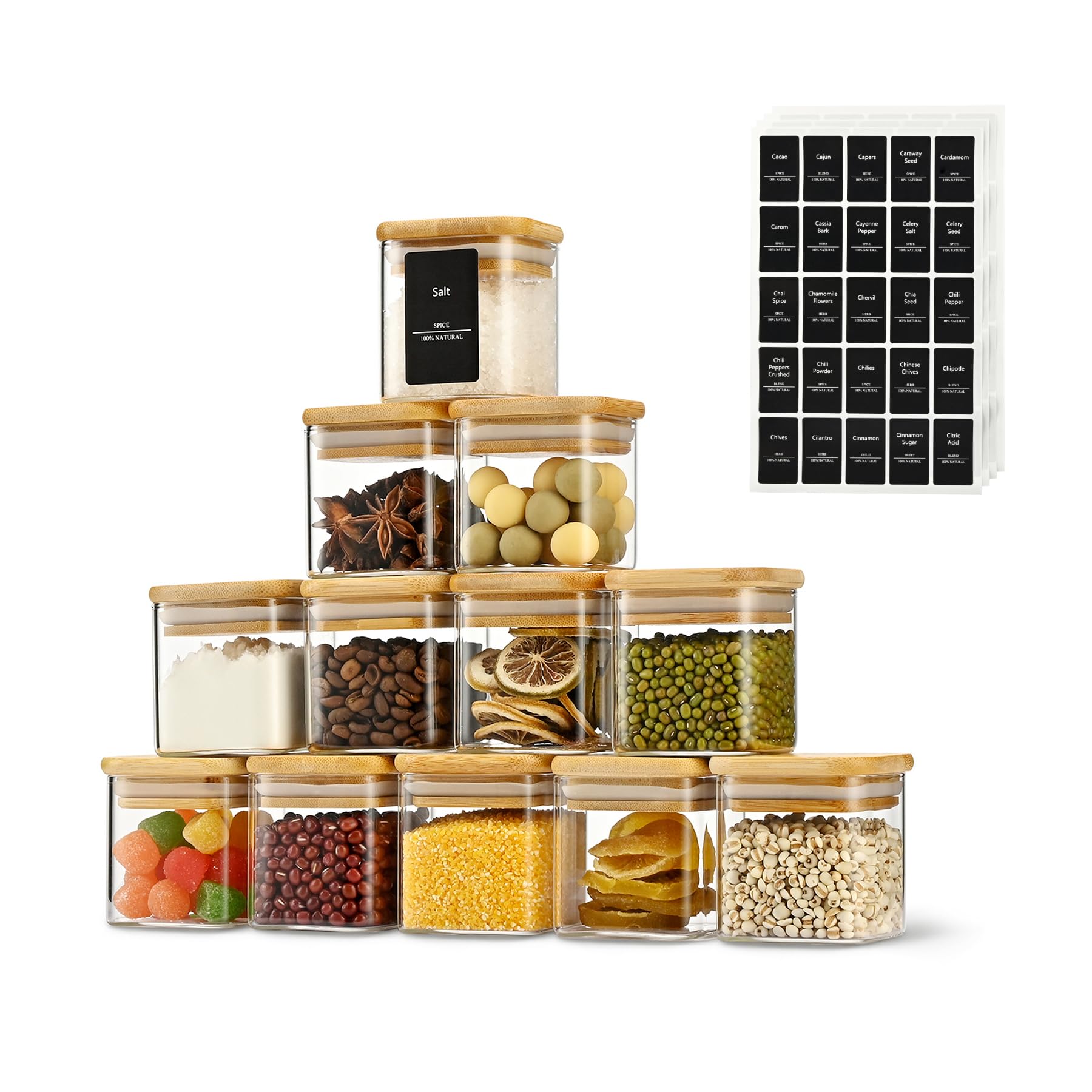 D2scrma 5oz Airtight Square Spice Containers with Bamboo Lid Set of 12 with Black Lables Storage Stackable Spice Jar, Kitchen Ca