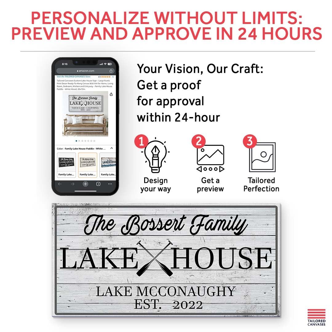 Tailored Canvases Custom Lake House Sign - Large Rustic Print Decor Ready-To-Hang Canvas Wall Art For Home, Living Room, Bedroom