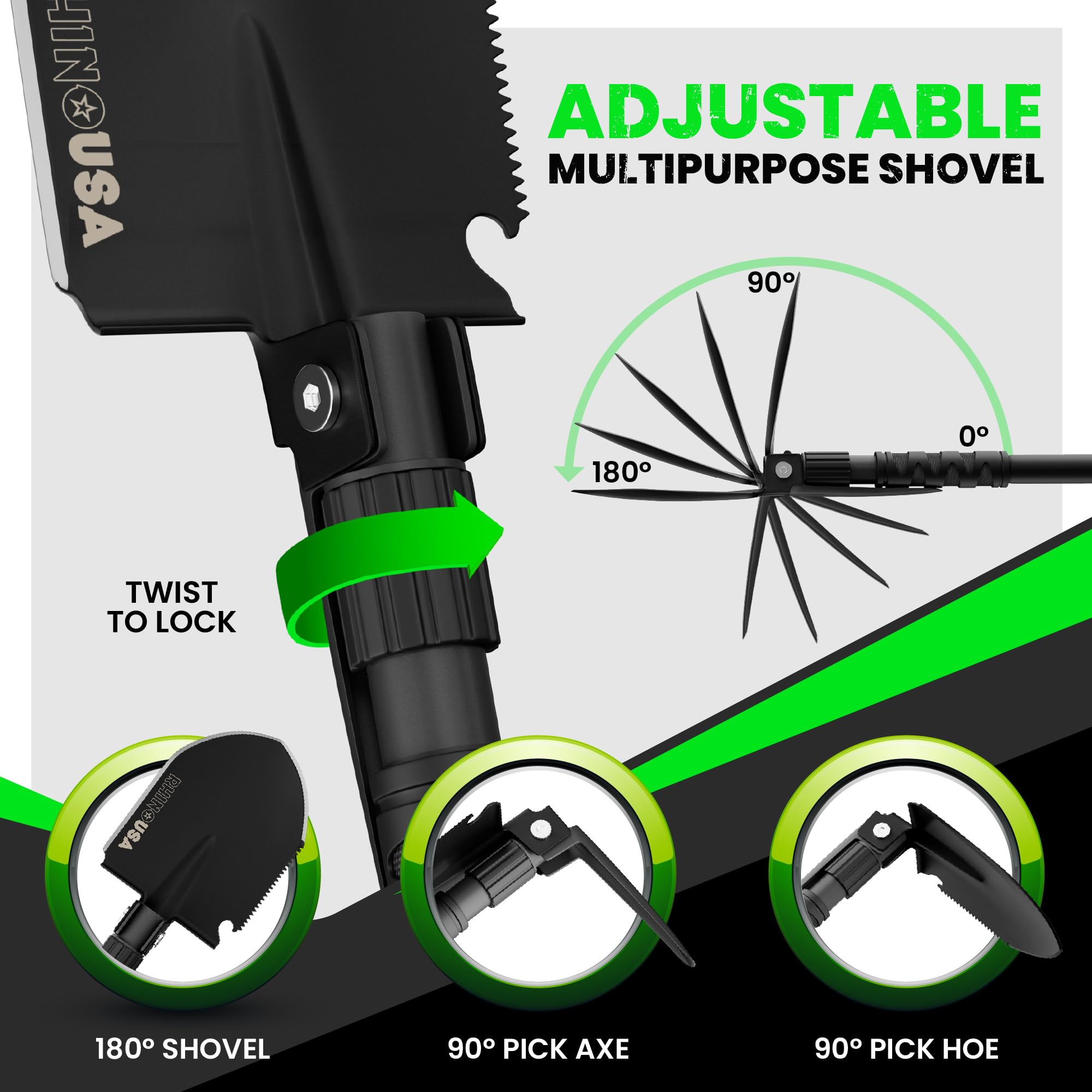 Rhino Usa Survival Shovel W/Pick - Heavy Duty Carbon Steel Military Style Entrenching Tool For Off Road, Camping, Gardening, Bea