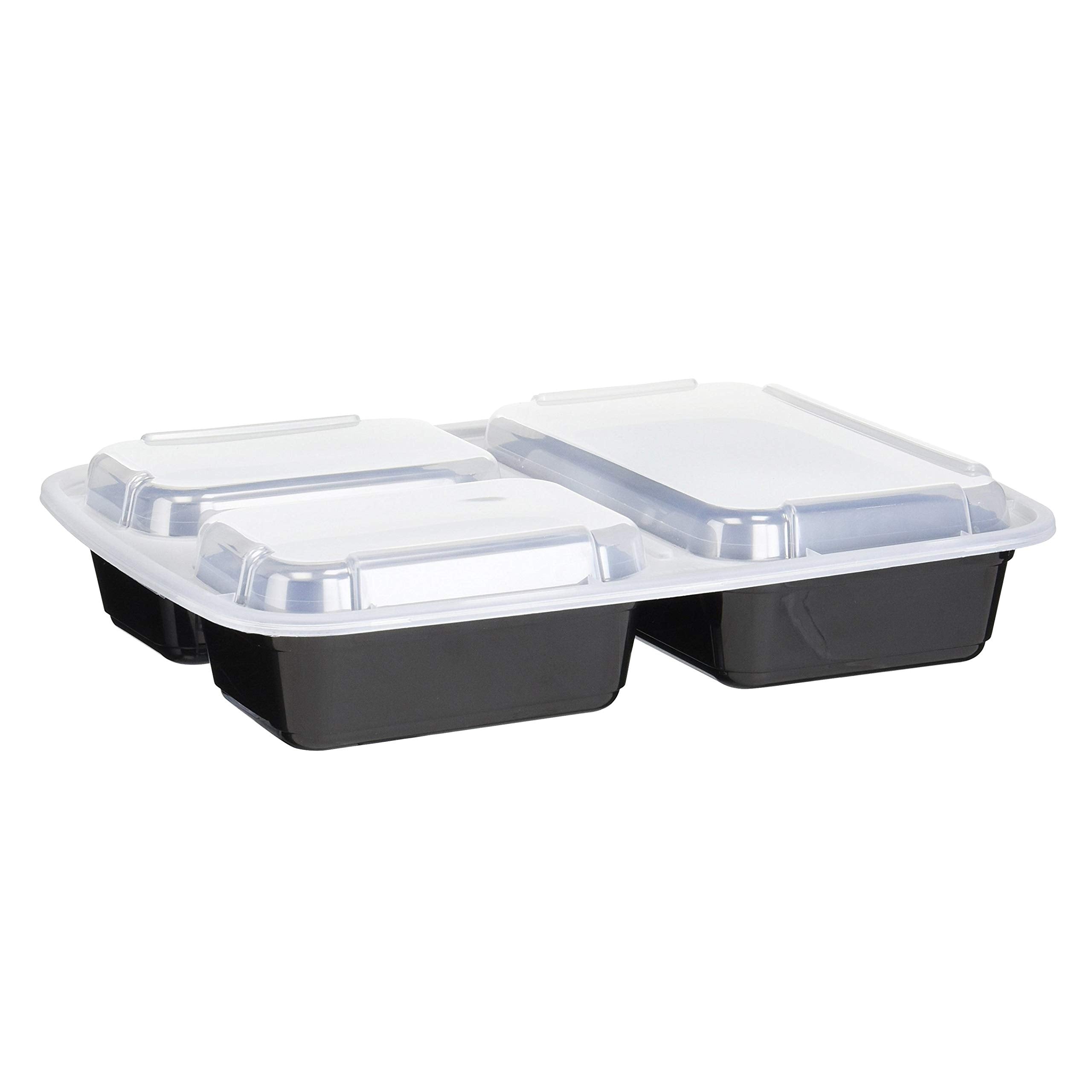 Reditainer 3-Compartment Microwave Safe Food Container With Lid/Divided Plate/Lunch Tray With Cover, Black, 10-Pack