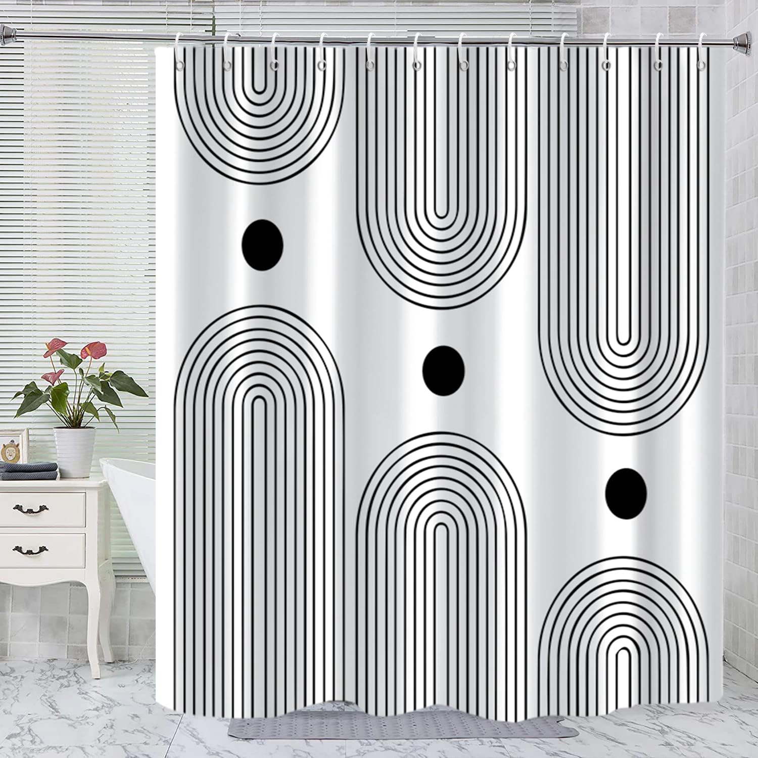 Gkleasg White And Black Shower Curtain, Boho Minimalist Mid Century Modern Arch Geometric Machine Washable Waterproof Fabric For