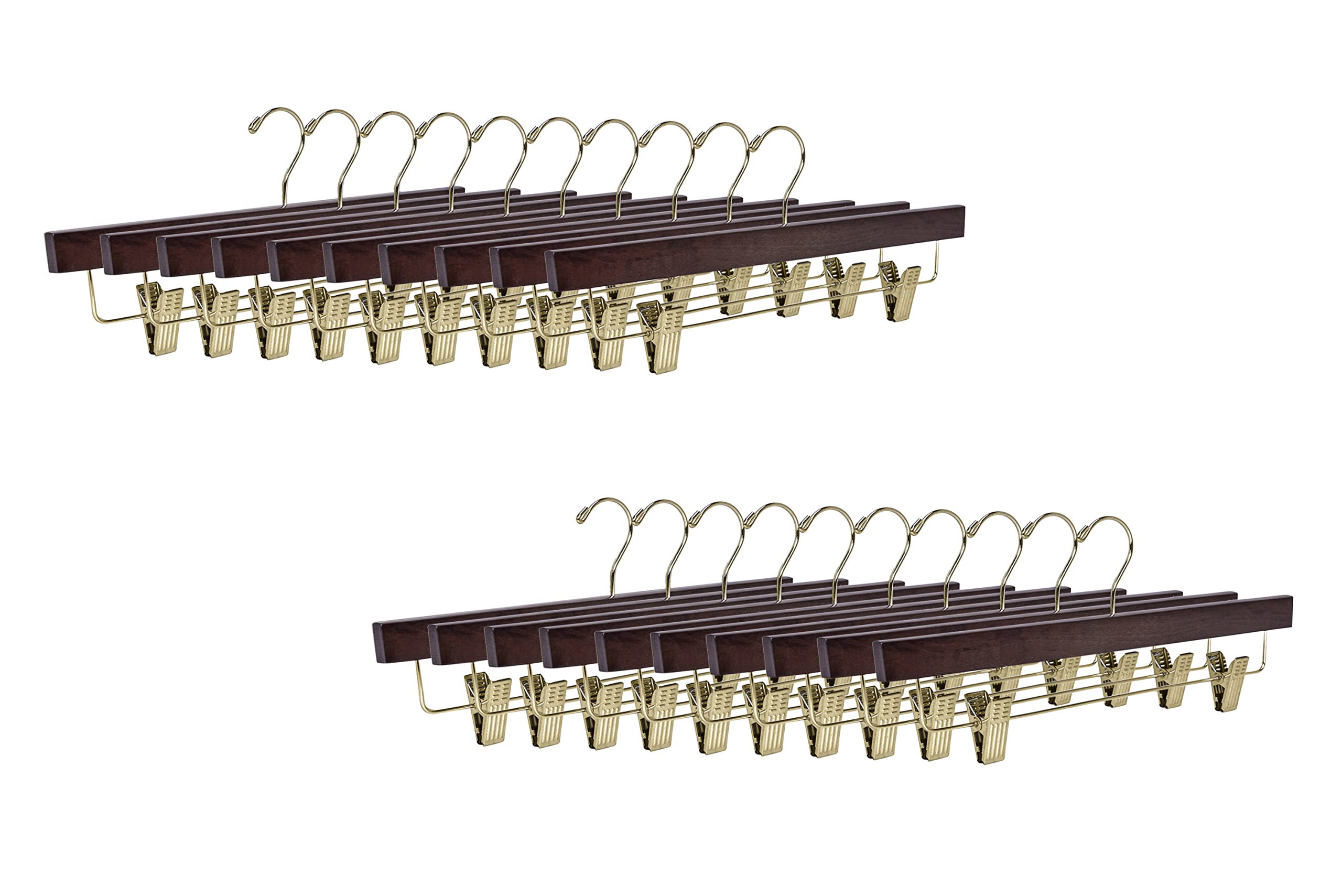 20 Quality Wooden Pants Hangers Skirt Hanger Jeans Hanger Bottom Hanger, Swivel Hook, Adjustable Clips (Walnut - Gold Hook, 20)
