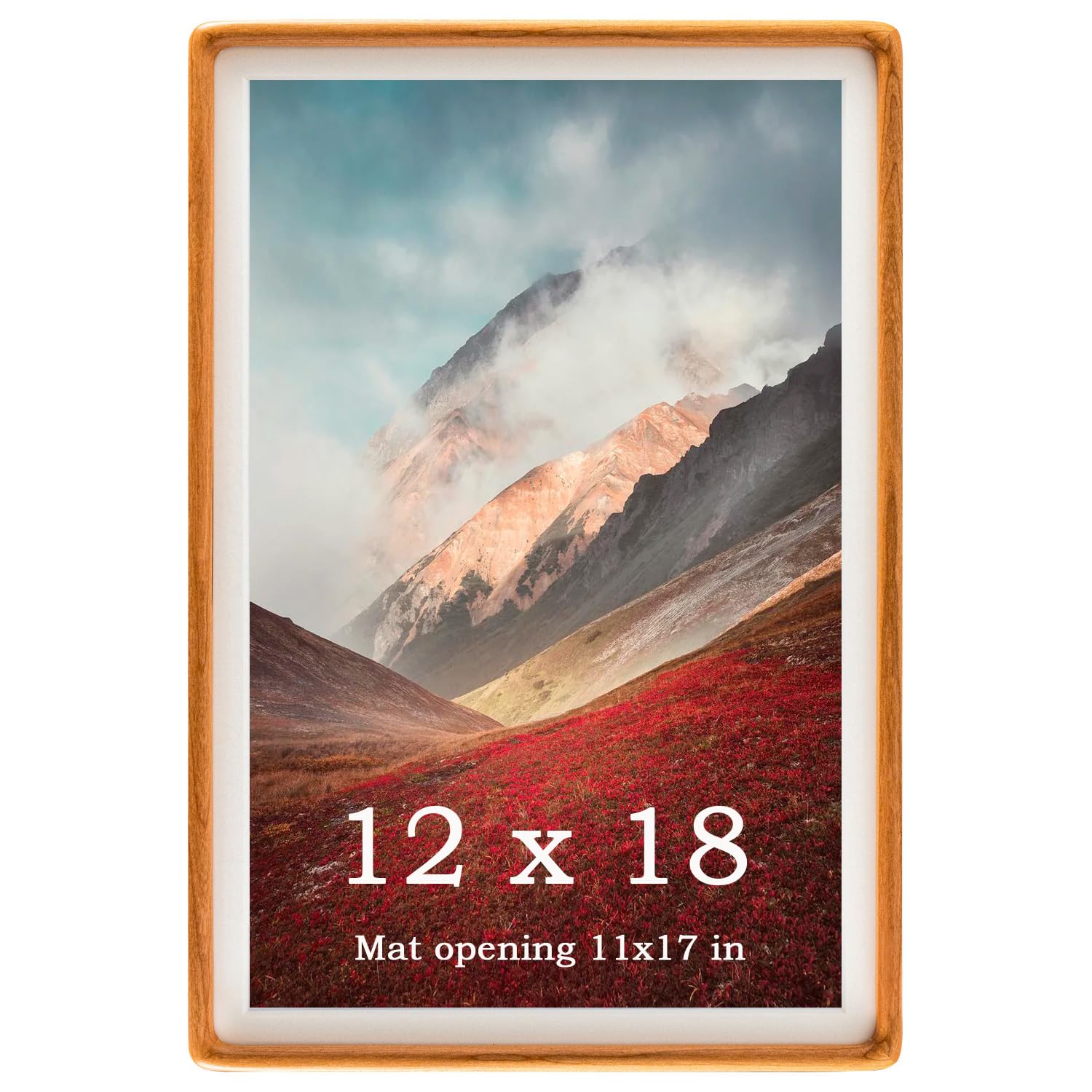 Zibrelte 12x18 Frame Natural, Solid Cherry Wood 12 x 18 Poster Frame with Mat for 11 x 17 Image, Wall Gallery Mounting 18 x 12 I