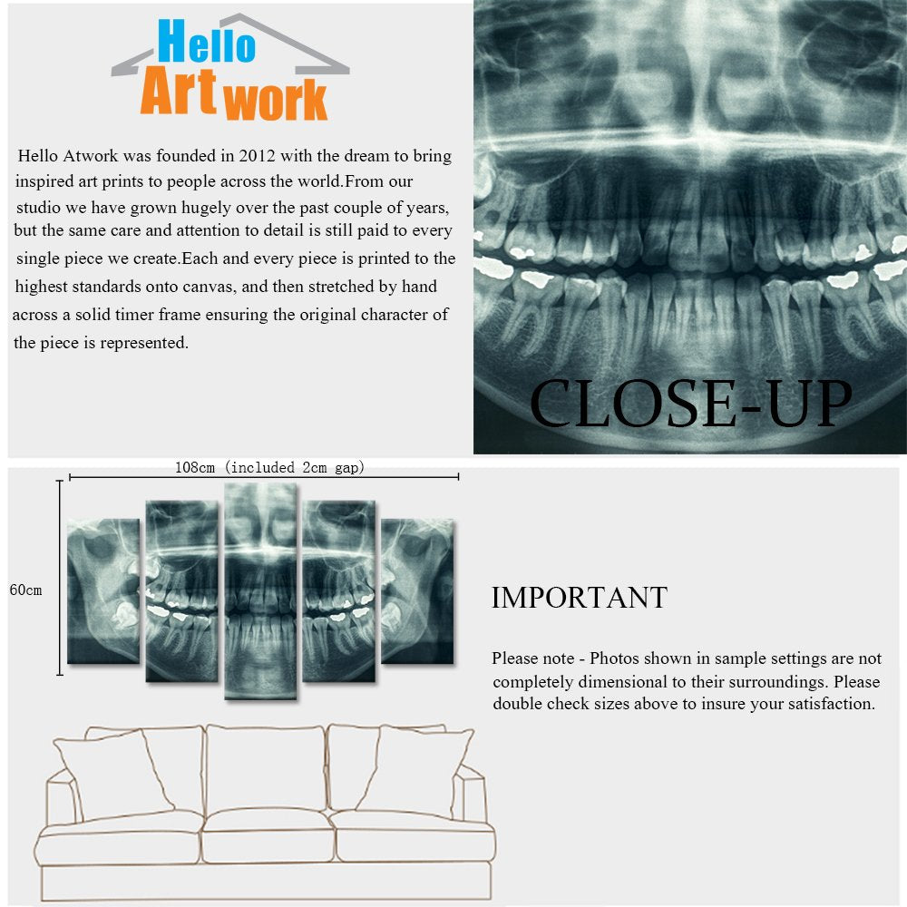iHAPPYWALL Modern 5 Panel Canvas Wall Art X-Ray Dental Tooth Oral Panoramic The Picture Teeth Decay Print for Dental Room Stretched and Framed for Living Room Ready to Hang