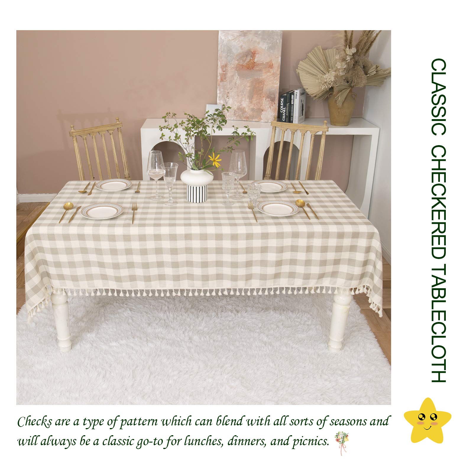 Midsummer Breeze Farmhouse Checkered Tablecloth-Cotton Linen Buffalo Plaid Tablecloth for Fall Winter Thanksgiving Christmas Kitchen Dining Restaurant Decor (Rectangle/Oblong  55x70  Gray Khaki)