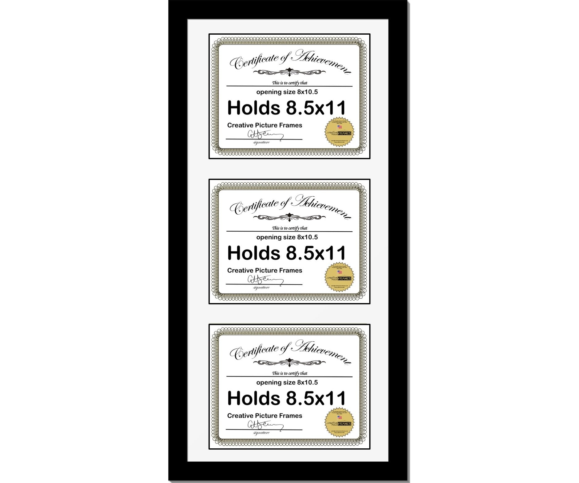 CreativePF [14x30bk-w] Black Vertical 8x5x11 Triple Diploma Frame with 3 opening White Mat, Holds 3 8.5x11 inch Documents with W