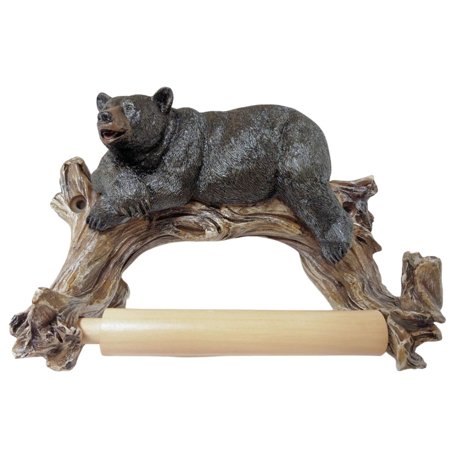 Rustic Cabin Style Black Bear On Log Toilet Paper Holder Wall Mounted
