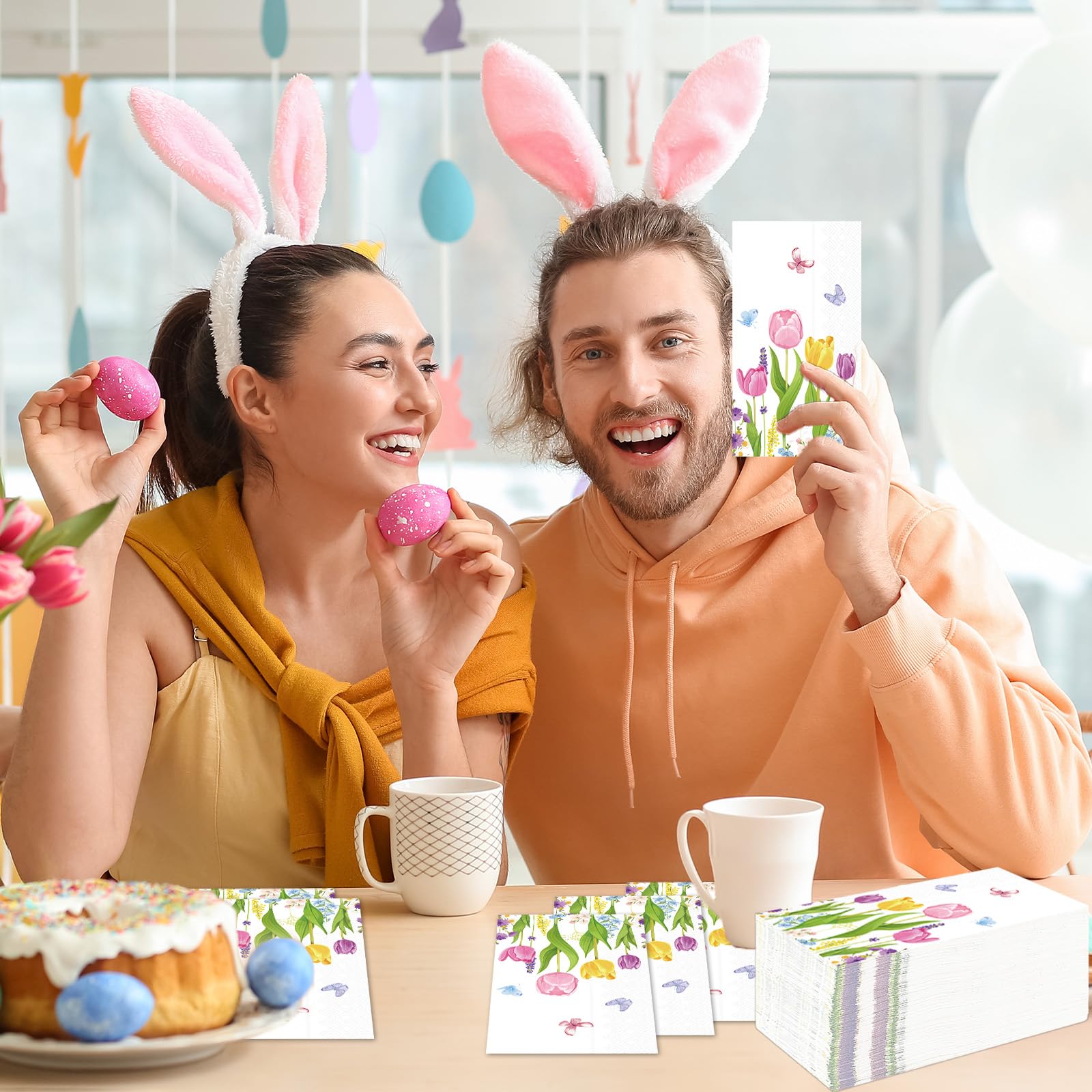 Gisgfim 100 Pcs Tulip Floral Guest Napkins Spring Flowers Disposable Napkins Tulip Dinner Hand Napkins Tulip Flowers Guest Towel