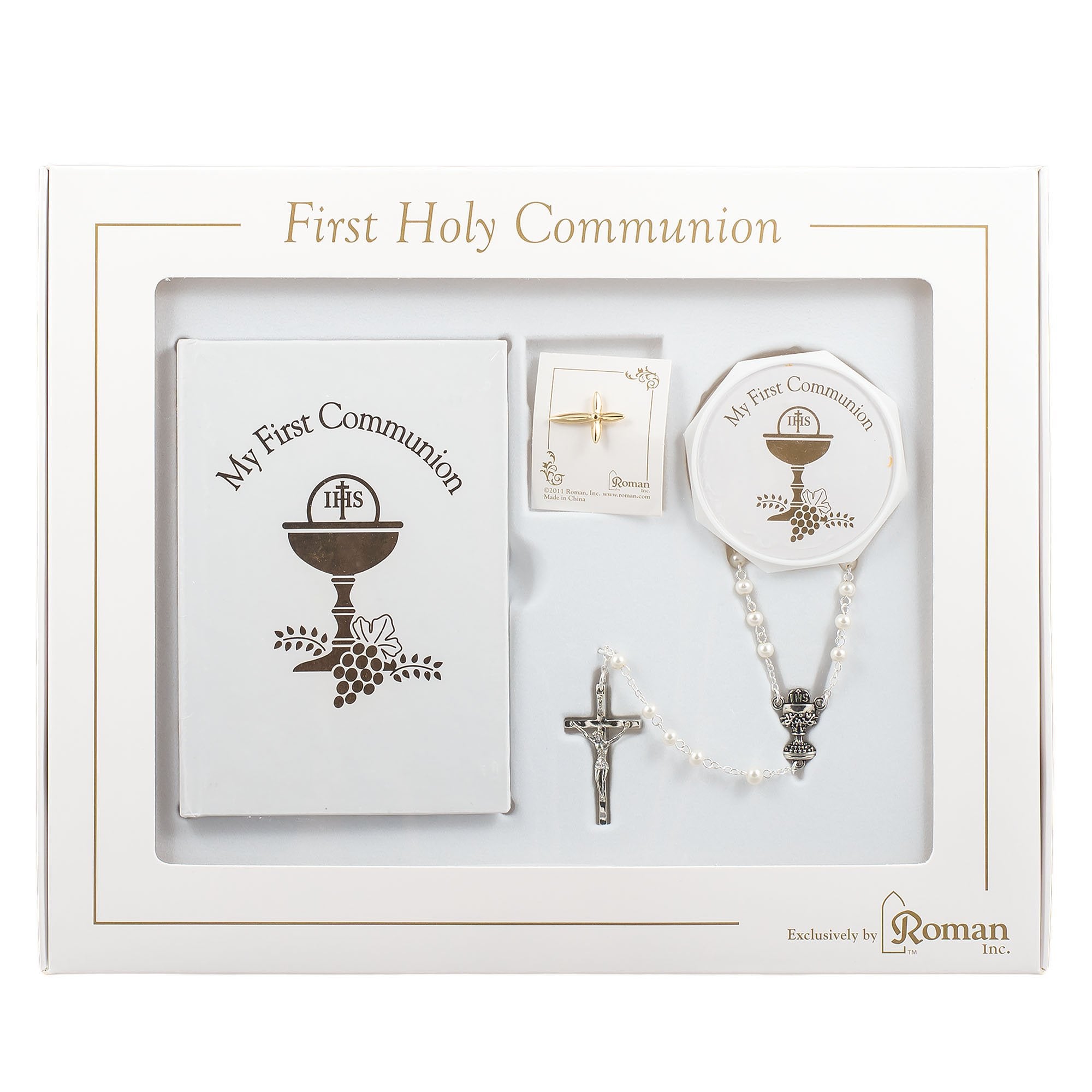 White And Gold 5 Piece Communion Set Rosary Box Pin Book Scapular