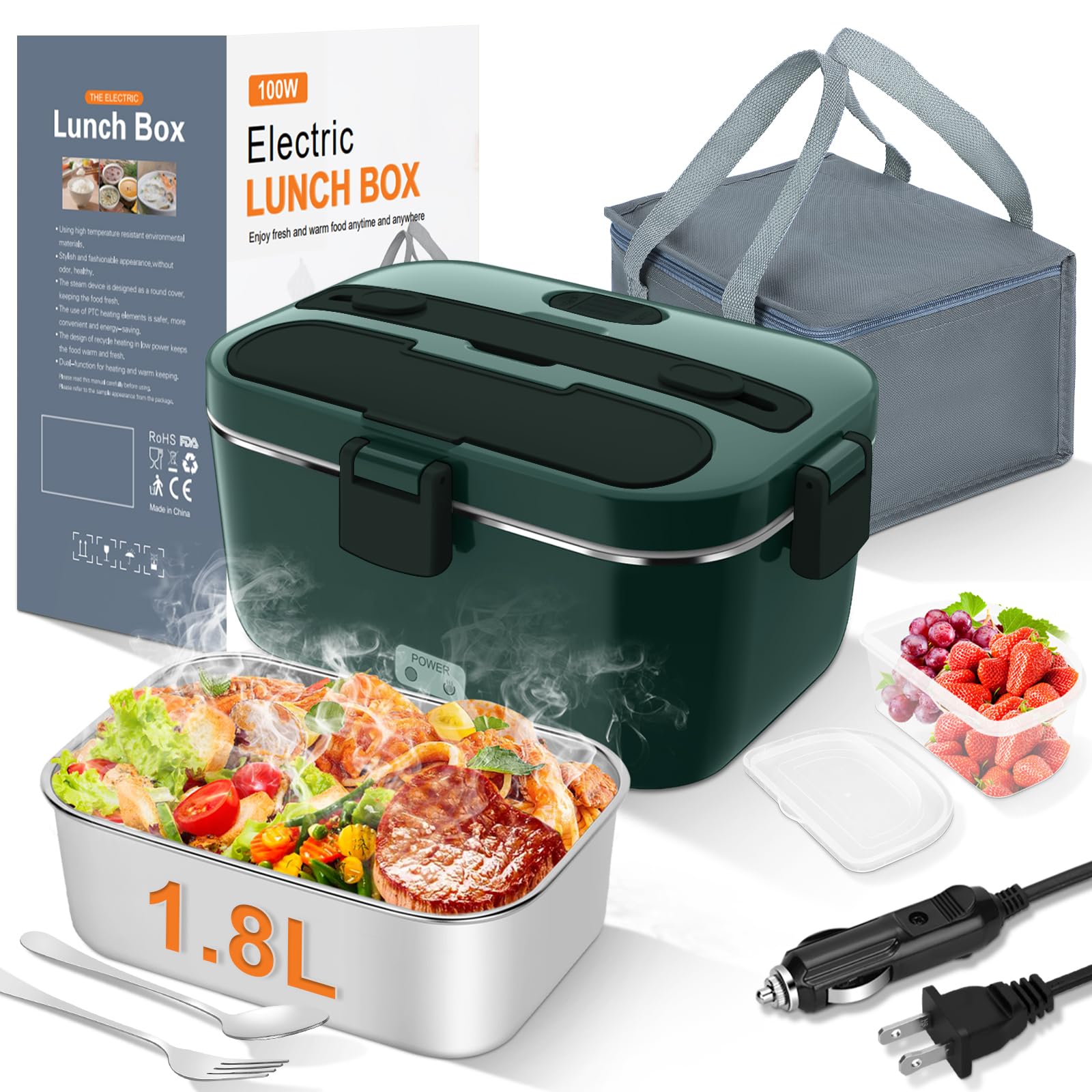 DUPASU Electric Lunch Box Food Warmer: 100W Heated Lunch Box for Adults, 1.8L Portable Fast Heating Lunchbox Food Heater for Car