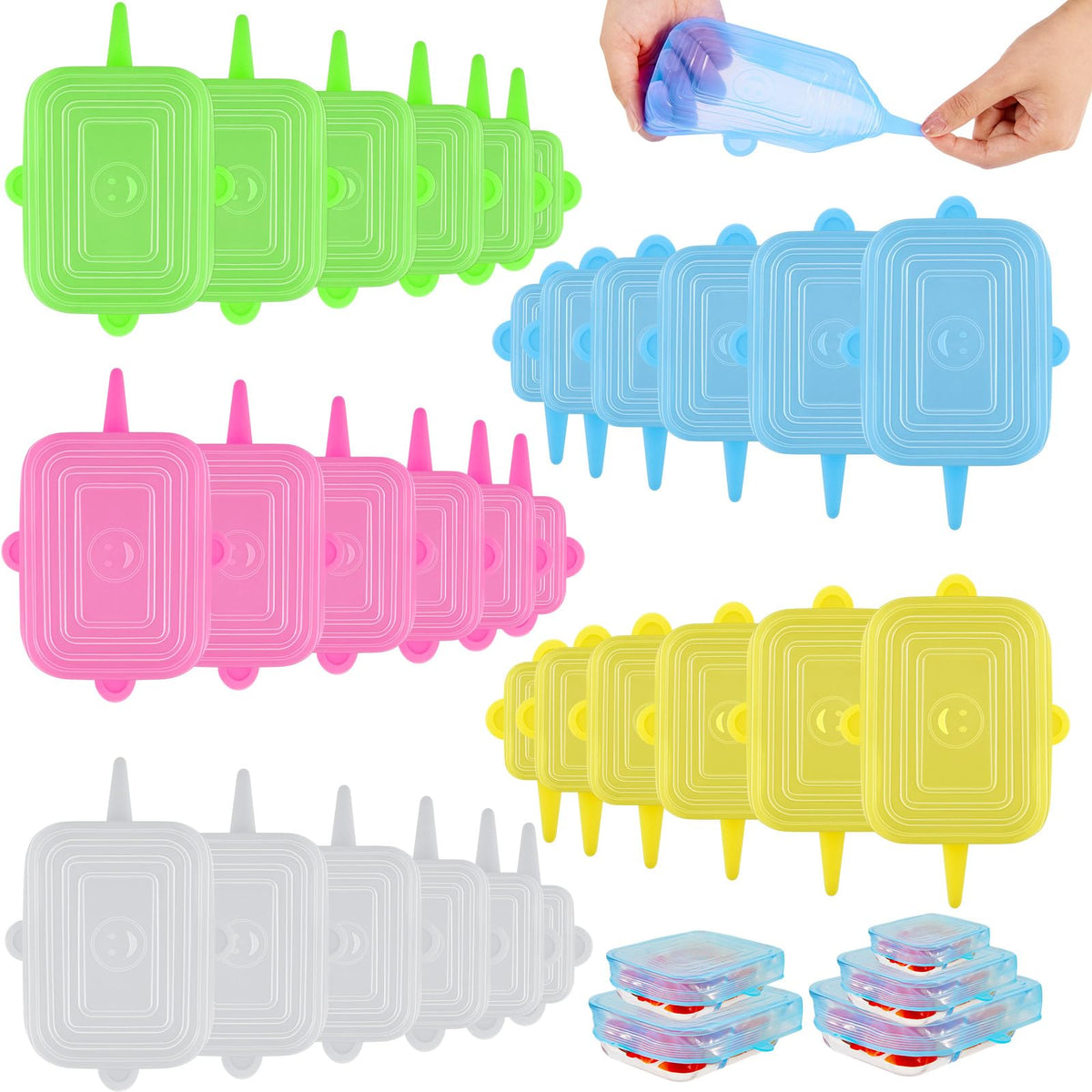 30 Pieces Silicone Stretch Lids Rectangle Reusable Silicone Lids Microwave Cover For Food Storage 6 Different Sizes For Square A