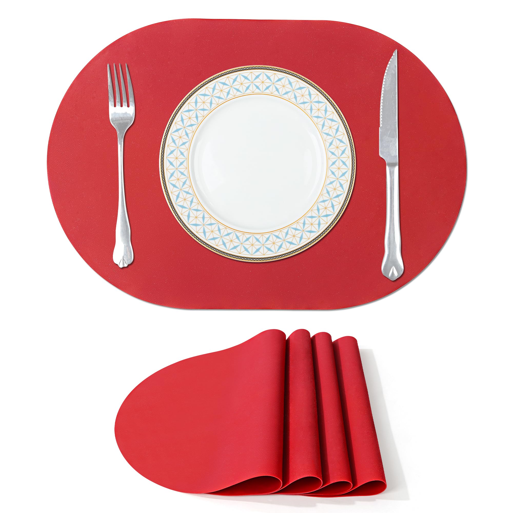 Fanquare Oval Red Silicone Placemats With One Side Faux Leather Texture Placemat For Dining Table Set Of 4 Non-Slip Non Scratch