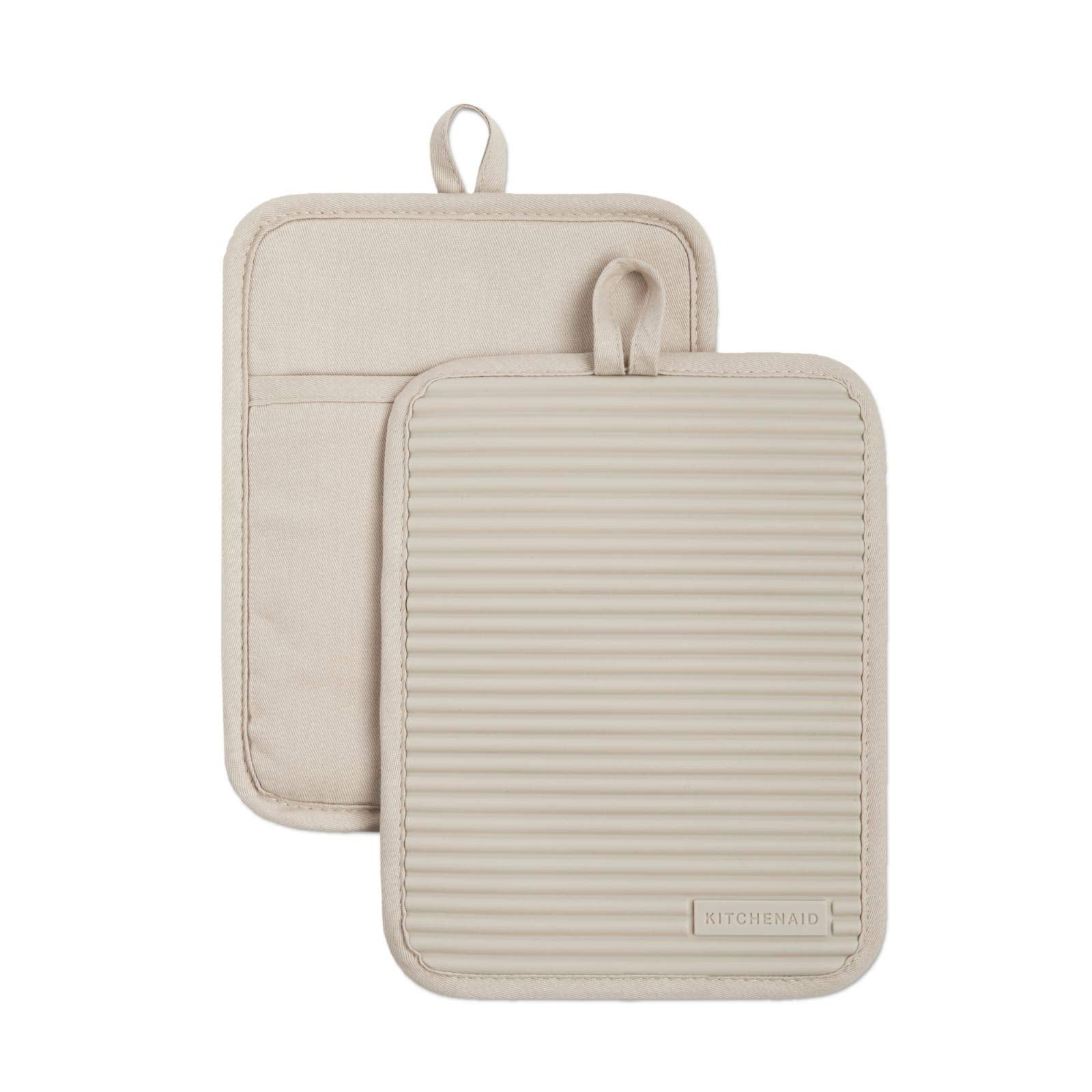 KitchenAid Ribbed Soft Silicone Pot Holder 2-Pack Set, Milkshake Tan, 7x9