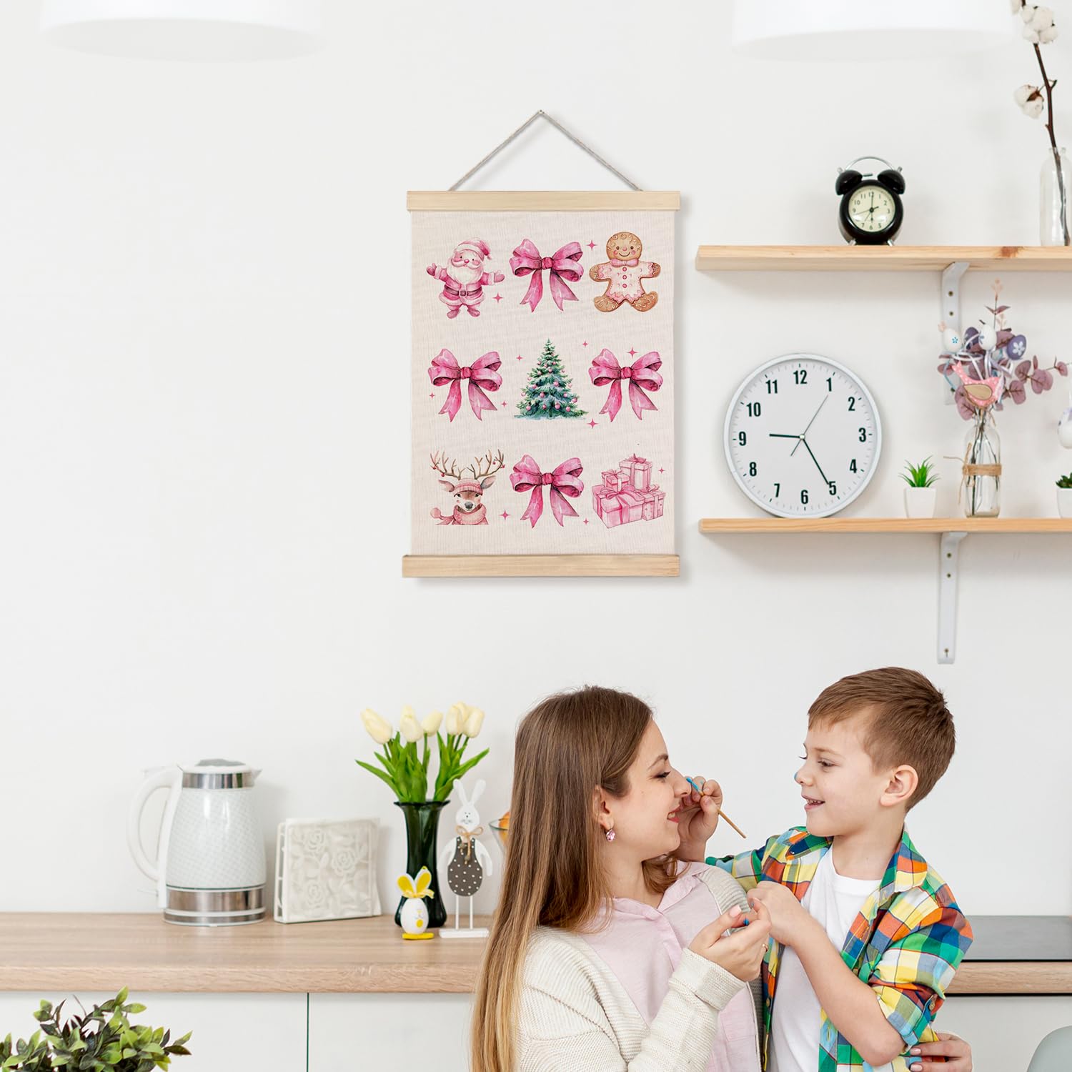 Pink Christmas Wall Decor, Coquette Christmas Pink Bow Gingerbread Wall Art With Wooden Poster Hanger, Christmas Wall Decoration