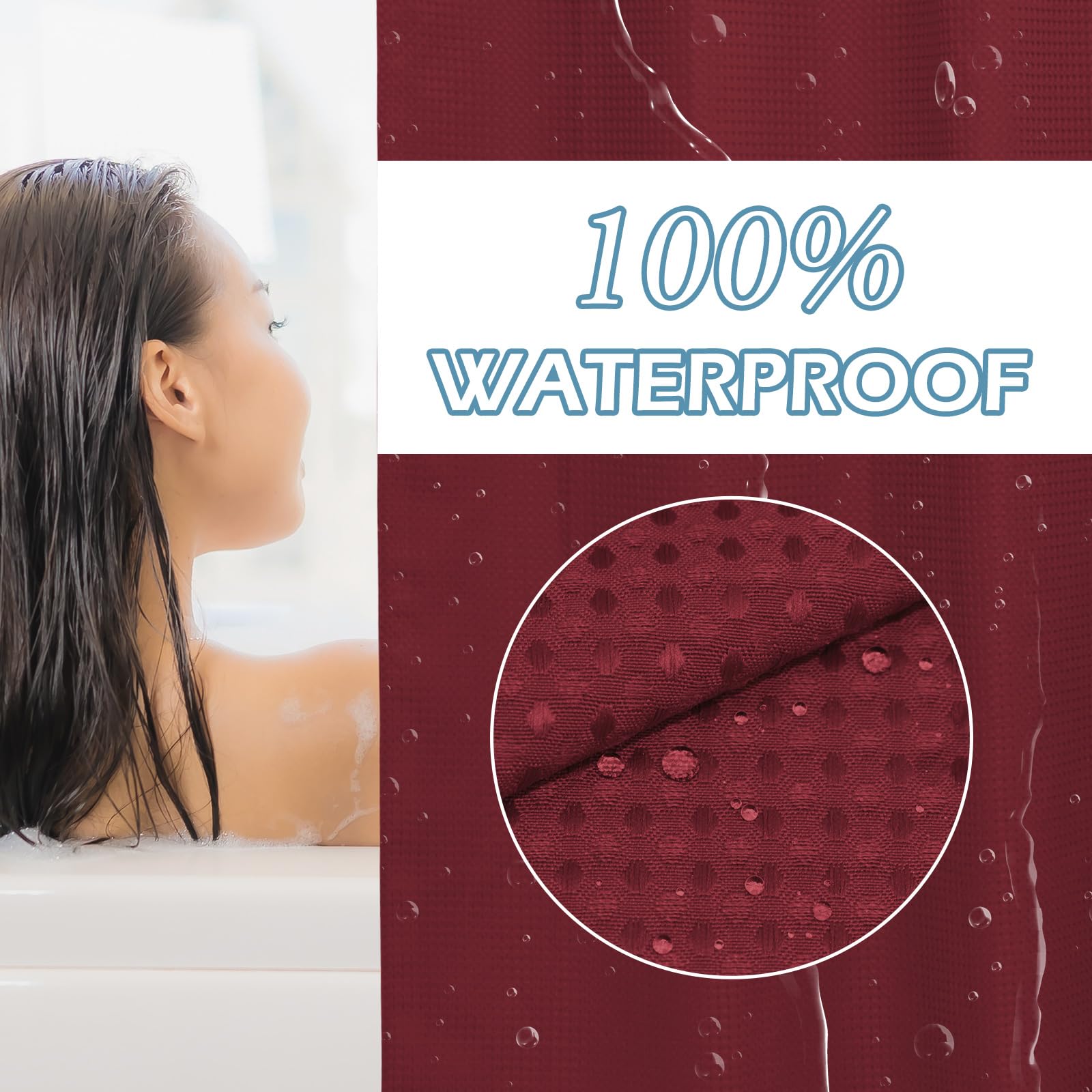 Eutxl Burgundy No Hook Shower Curtain With Snap In Liner,230Gsm Waffle Weave Shower Curtains For Bathroom,71W X 74H